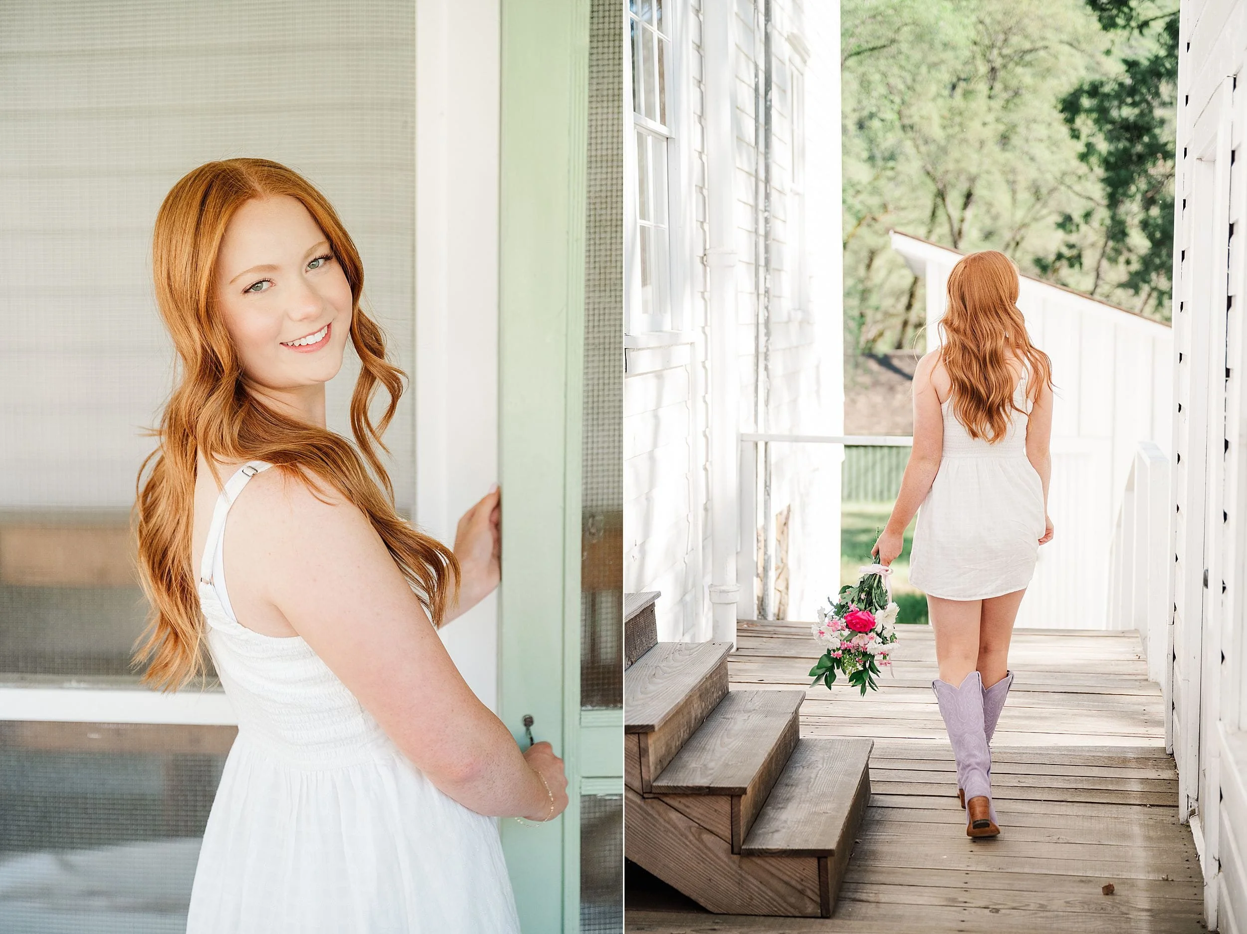 Dual image of a woman with long red hair in a white dress. Left: Smiling at a door. Right: Walking away, holding flowers, wearing purple boots. Airy, joyful feel.