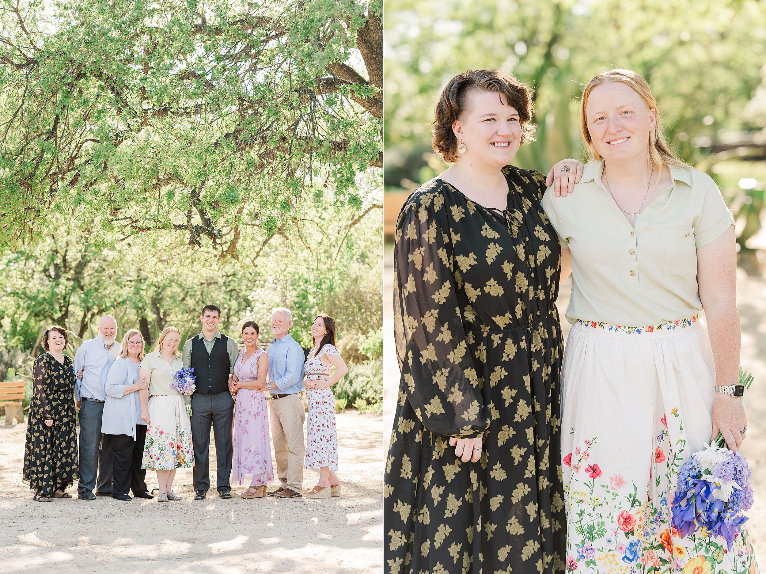 A group of smiling people poses outdoors beneath lush green trees. Adjacent, two women stand together warmly, one holding a bouquet of blue flowers.
