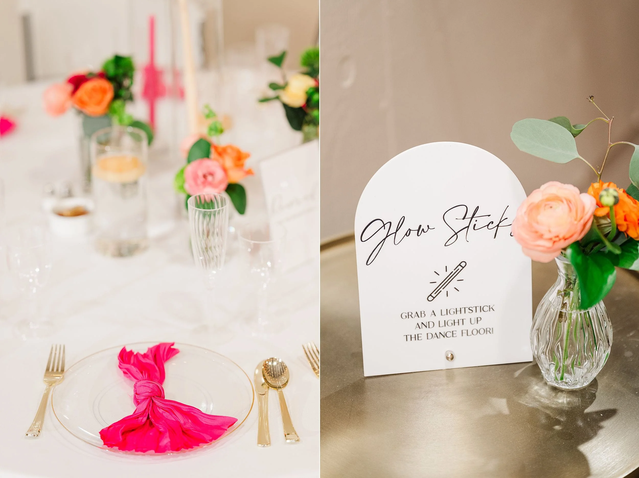 Elegant table setting with vibrant pink napkin on a plate, surrounded by flowers in vases. Nearby, a sign reads "Glow Stick, grab a lightstick and light up the dance floor."