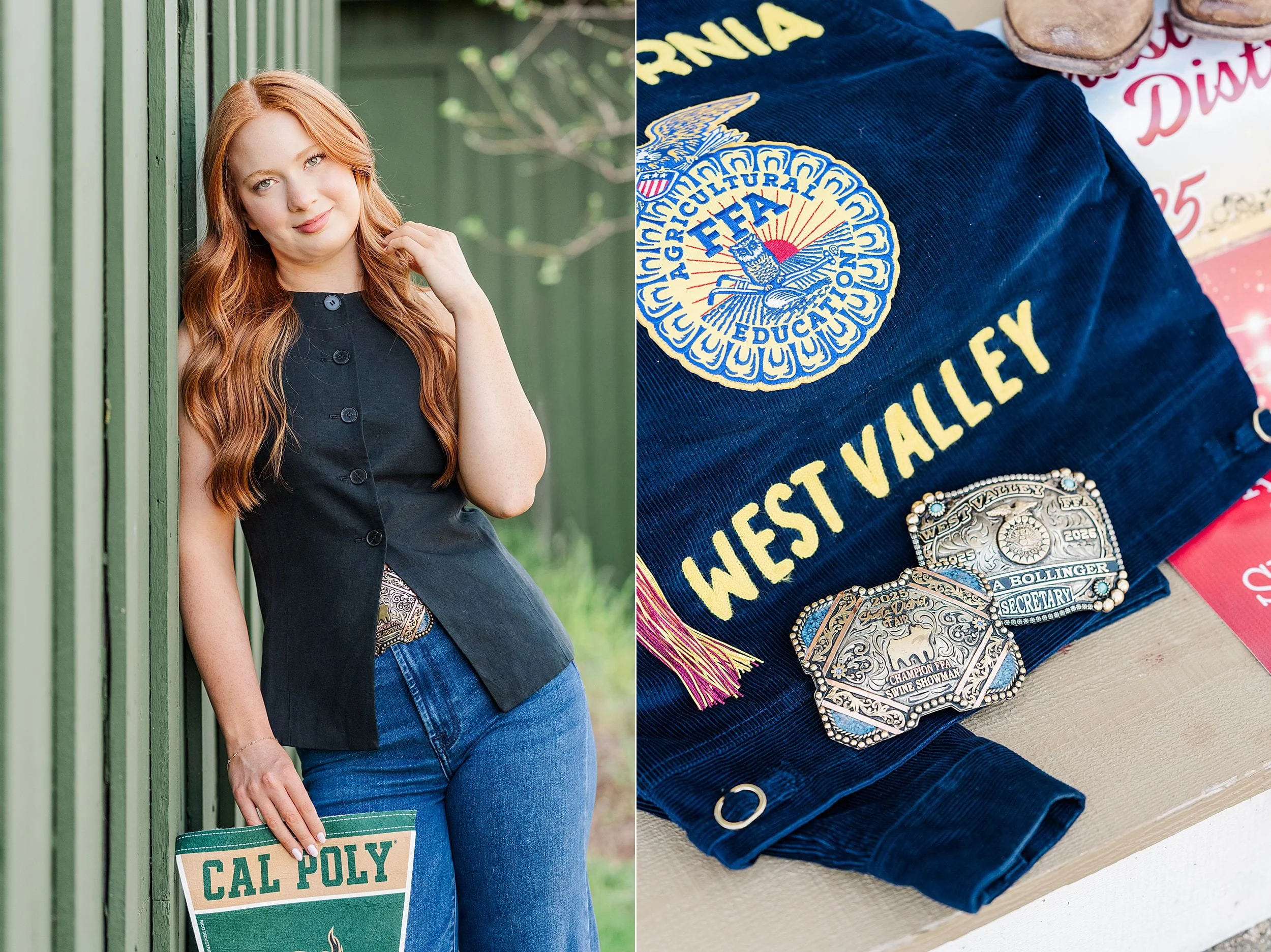 A woman with long red hair leans against a green fence, holding a "Cal Poly" bag. Beside her, a "West Valley" FFA jacket and belt buckles are displayed.