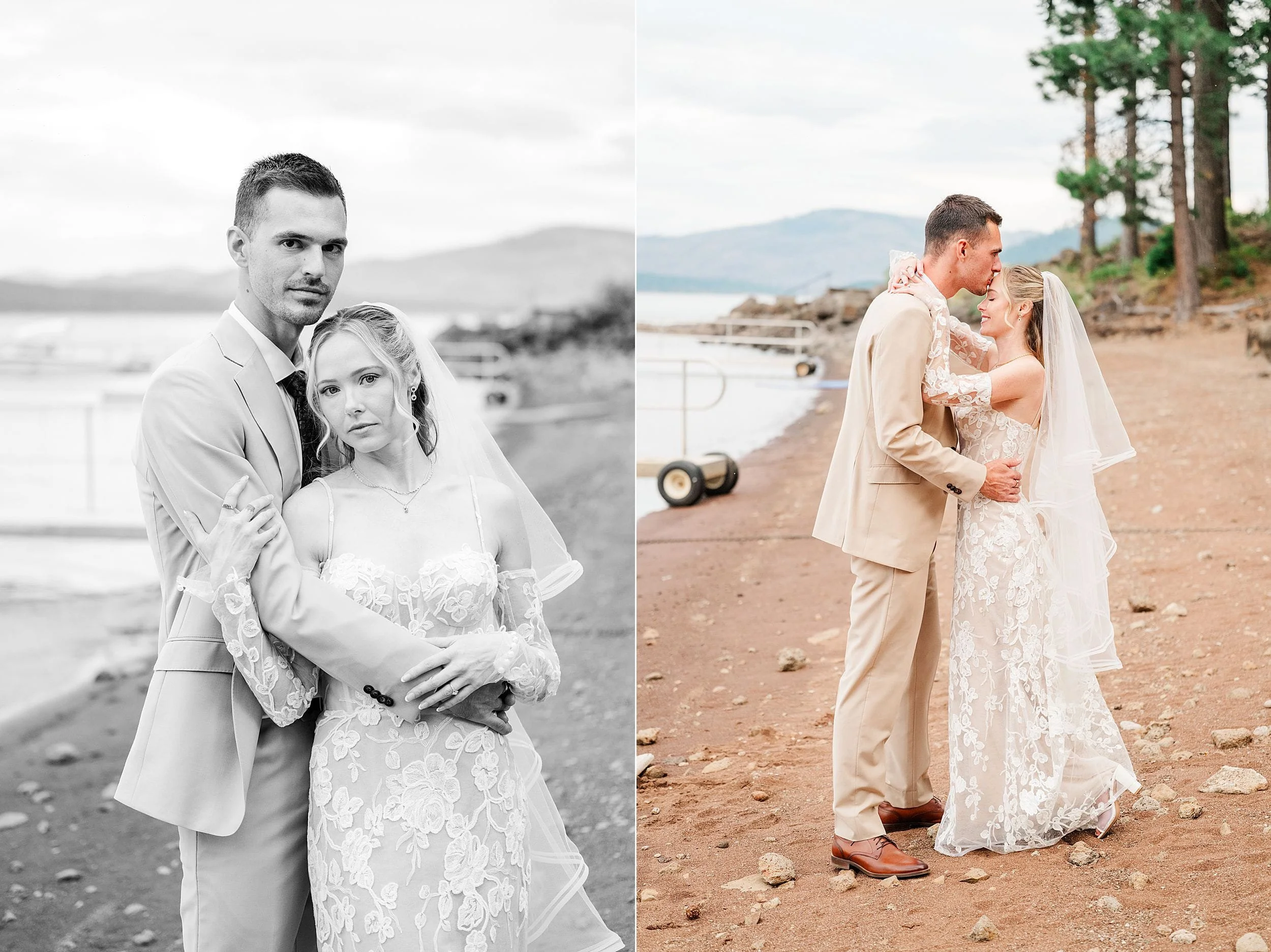 Split-screen wedding portraits show a bride and groom embracing by a lakeshore: a timeless black-and-white pose beside a tender color kiss.