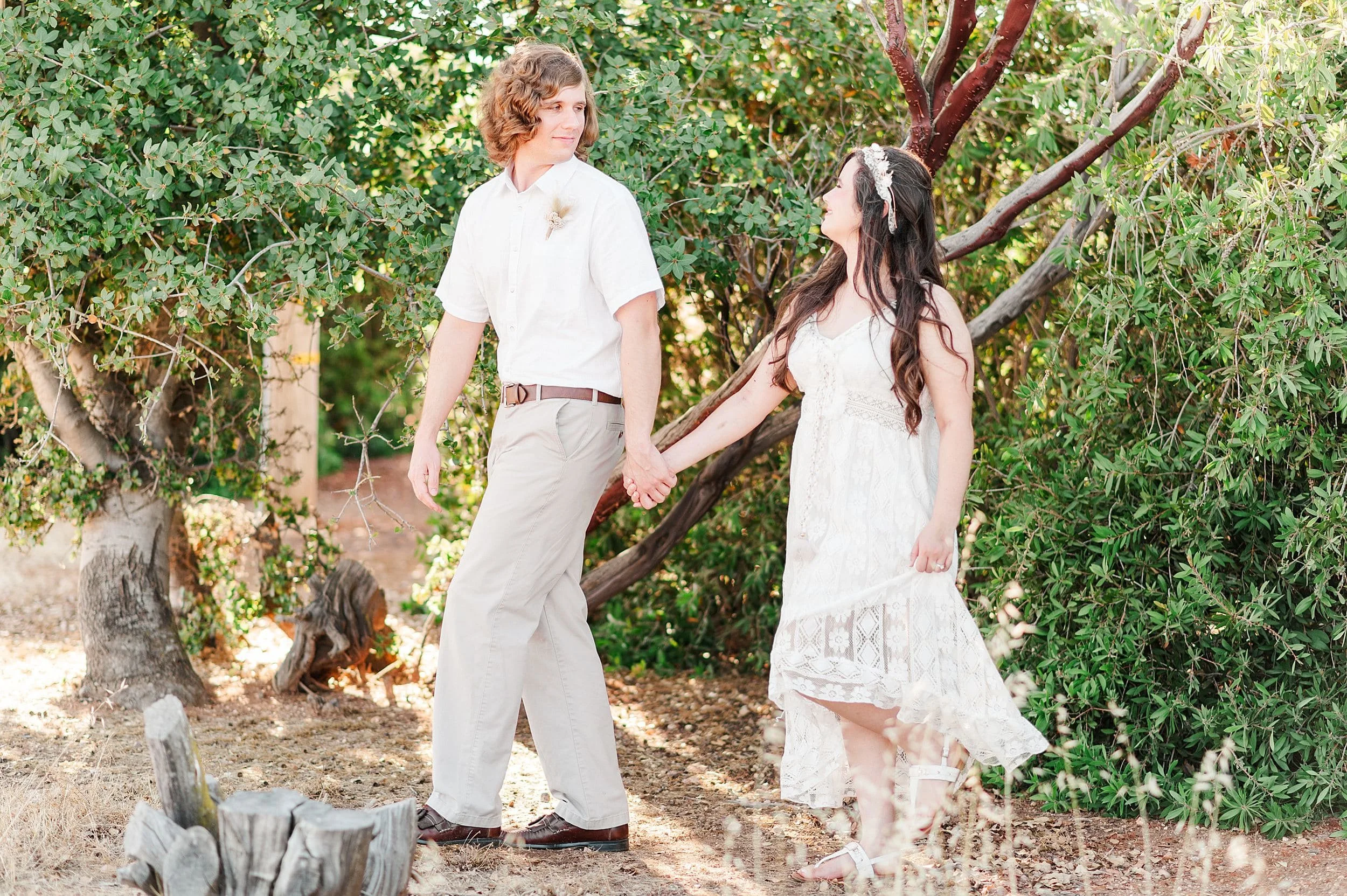 engaged couple walking