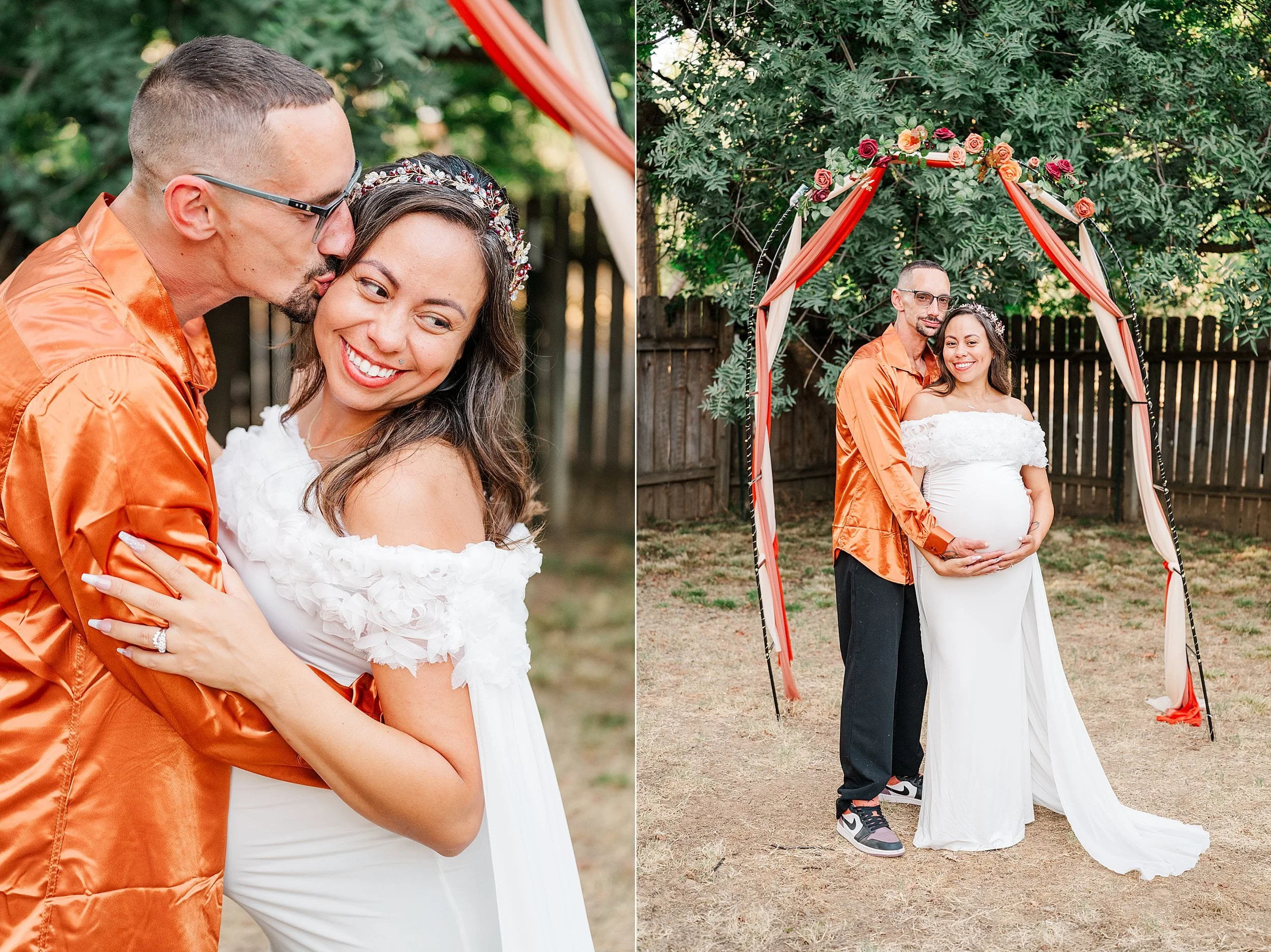 Joyful pregnant couple embrace beneath a floral wedding arch with red ribbons; left portrait shows a kiss, right view shows them in a garden.