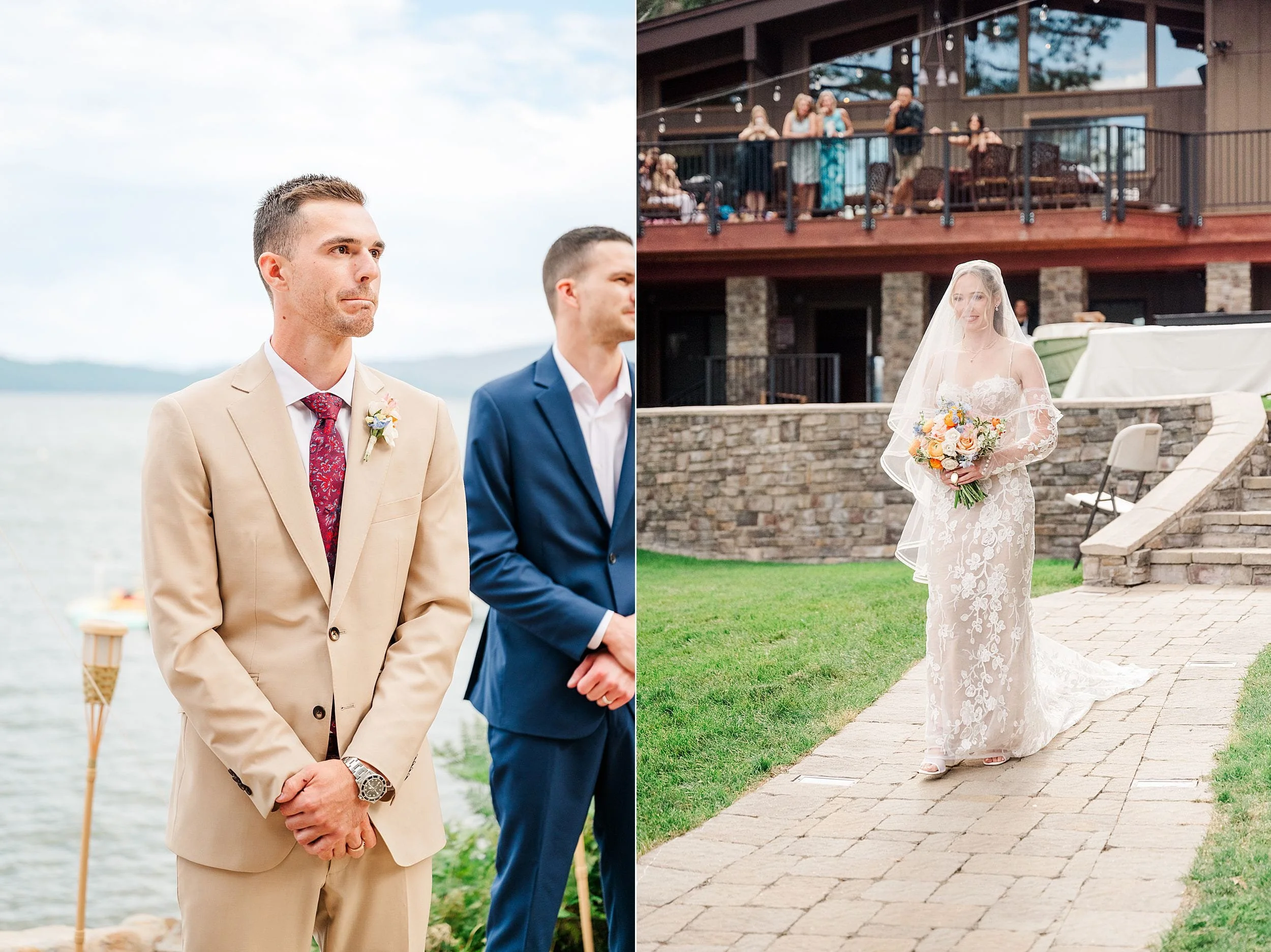 Split-screen wedding scene: groom and groomsman stand by a lake, while a bride in lace walks with flowers past guests at a lodge.