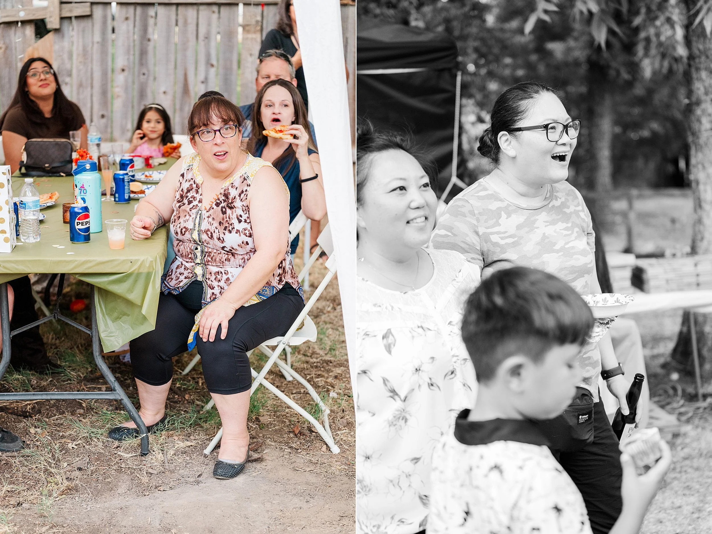 Split photo of an outdoor gathering: a woman sits at a picnic table while, in grayscale, women laugh and a child stands in the foreground.