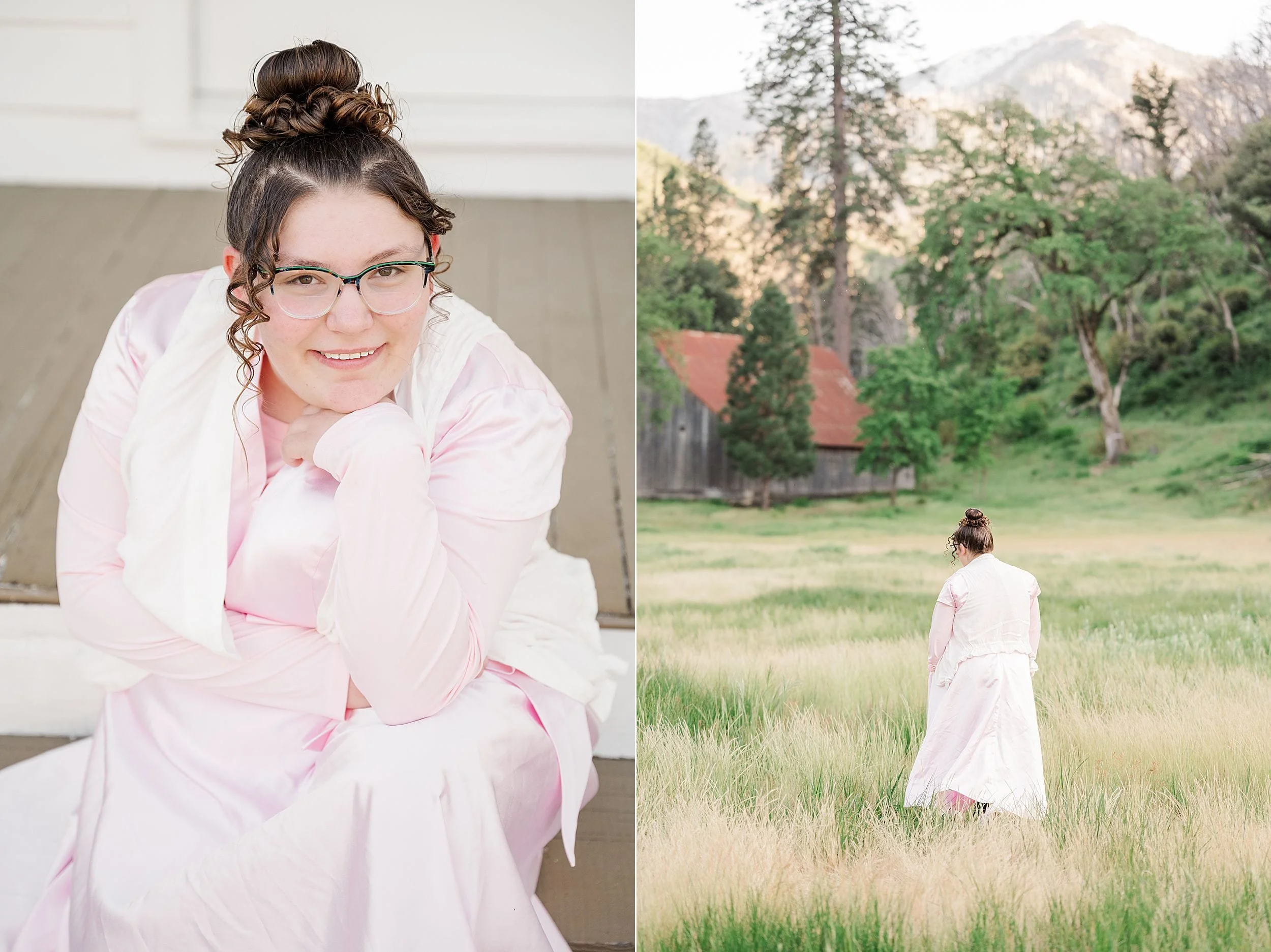 Two-panel image: Left, a person with glasses and a bun smiles, wearing a pink dress and white shawl, sitting on wooden steps. Right, they walk through a sunlit meadow towards a barn, surrounded by trees and mountains.