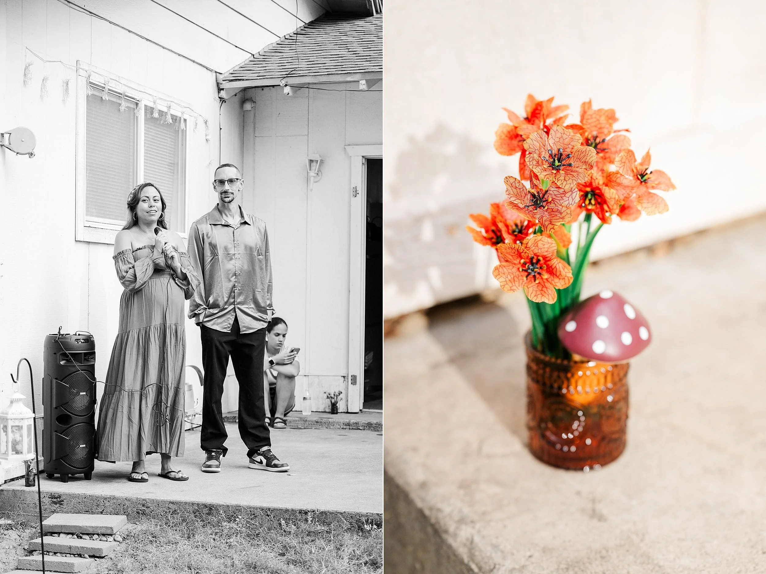 Split image: black-and-white family outside a house, paired with bright orange flowers in a mushroom vase, blending warmth and nostalgia.