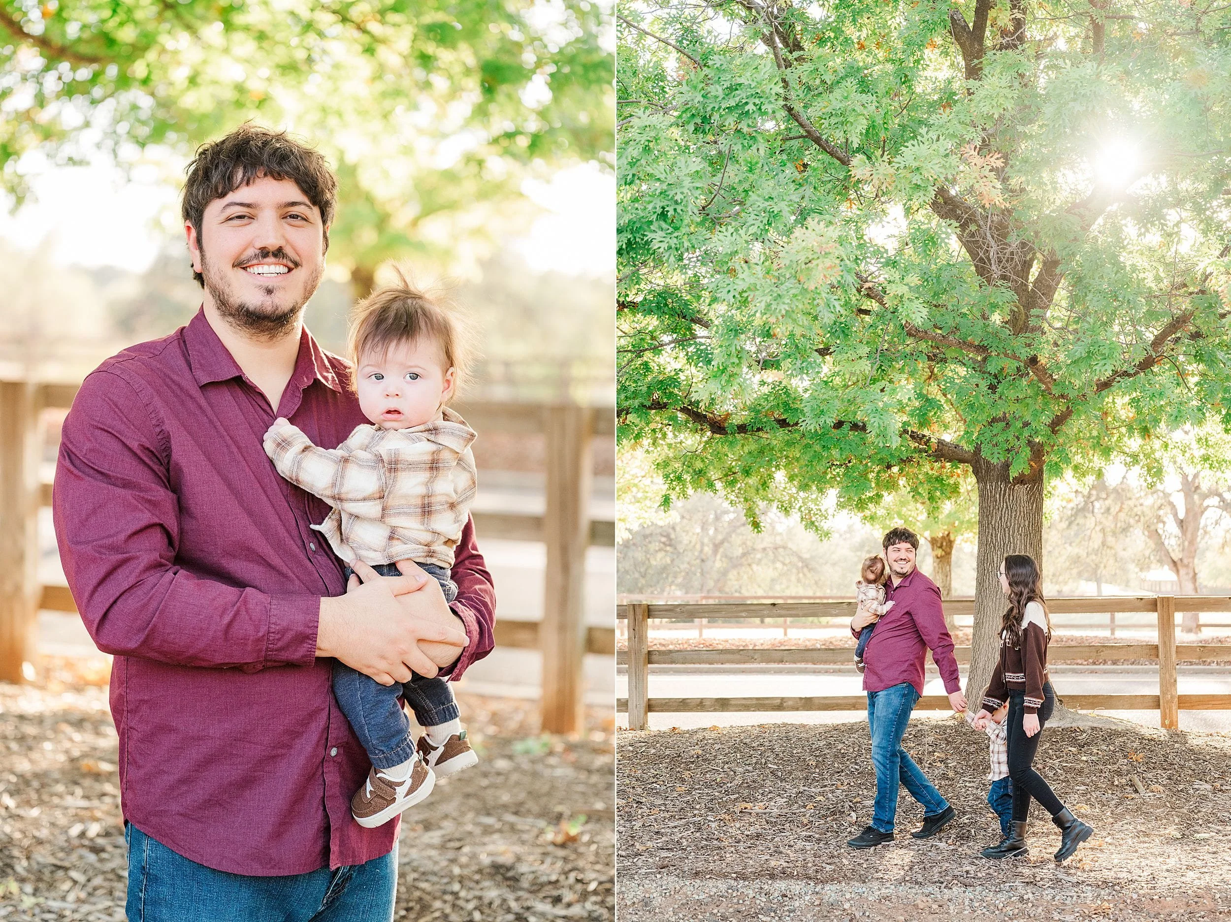 A smiling father holds his young child in autumn sunlight; beside them, he walks with a woman beneath a leafy tree, conveying warmth and family closeness.