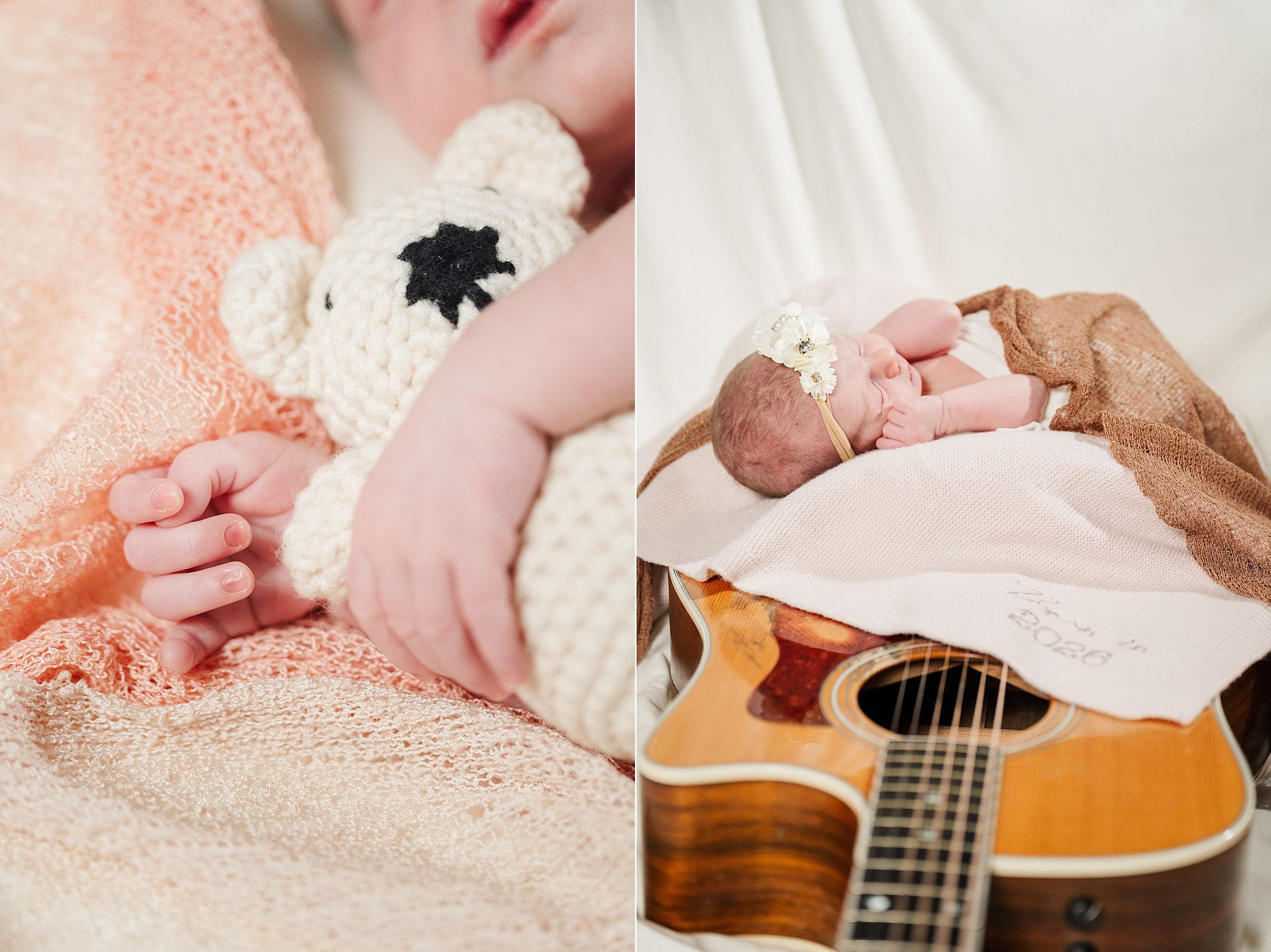 A newborn baby cuddles a knitted bear on a soft pink blanket, while another photo shows a newborn resting on a guitar, wrapped in brown and pink blankets.