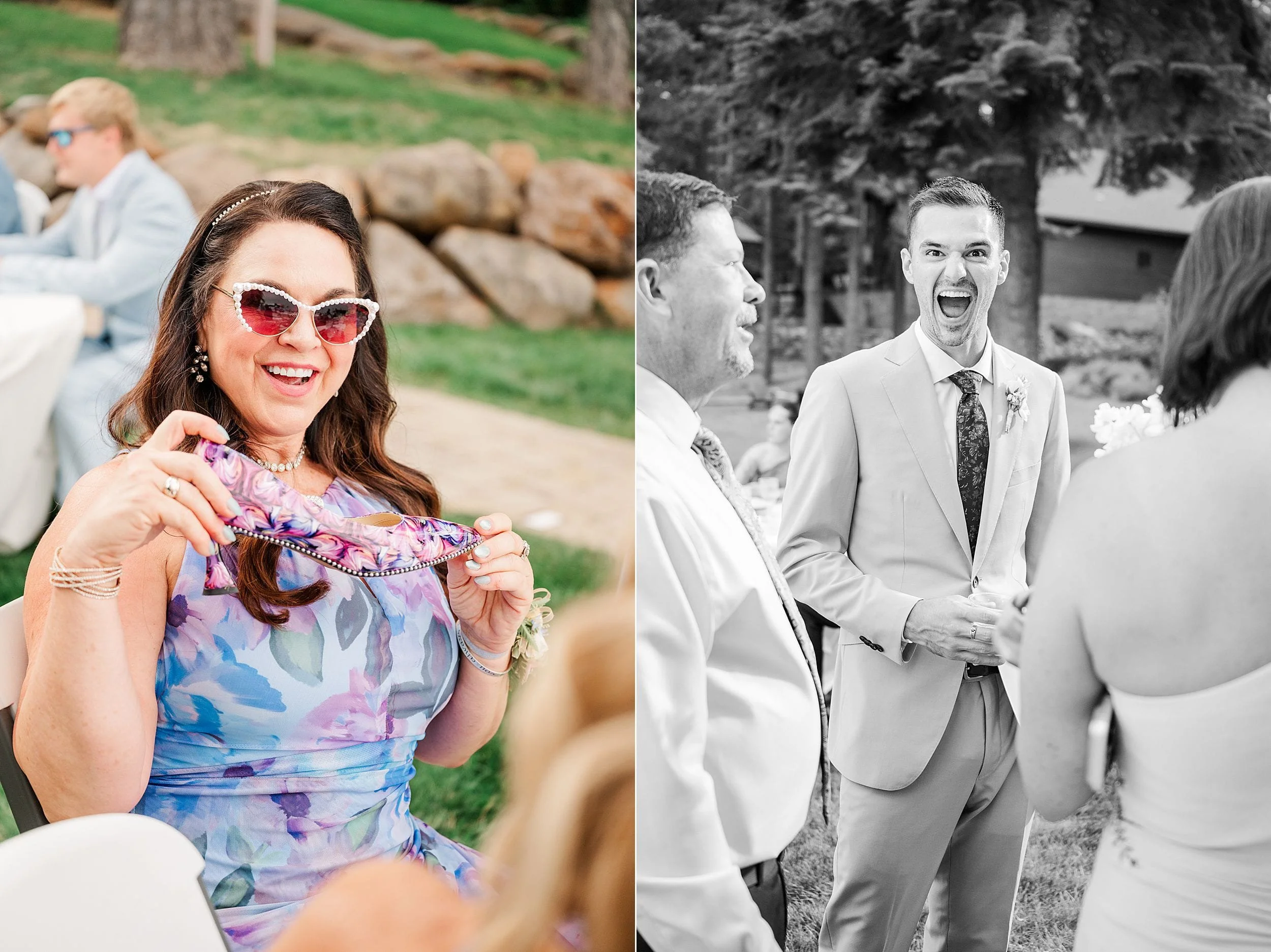 Split wedding photo: woman in colorful dress and sunglasses holds a purple abstract shoe; laughing groom chats with guests in black and white.