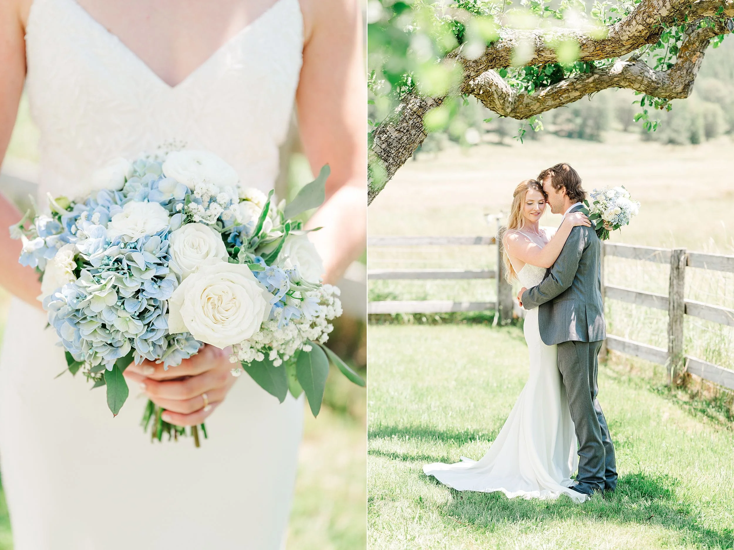 Closeup of blue hydrangea bridal bouquet. Bride and groom sharing a quiet moment before their ranch wedding ceremony.