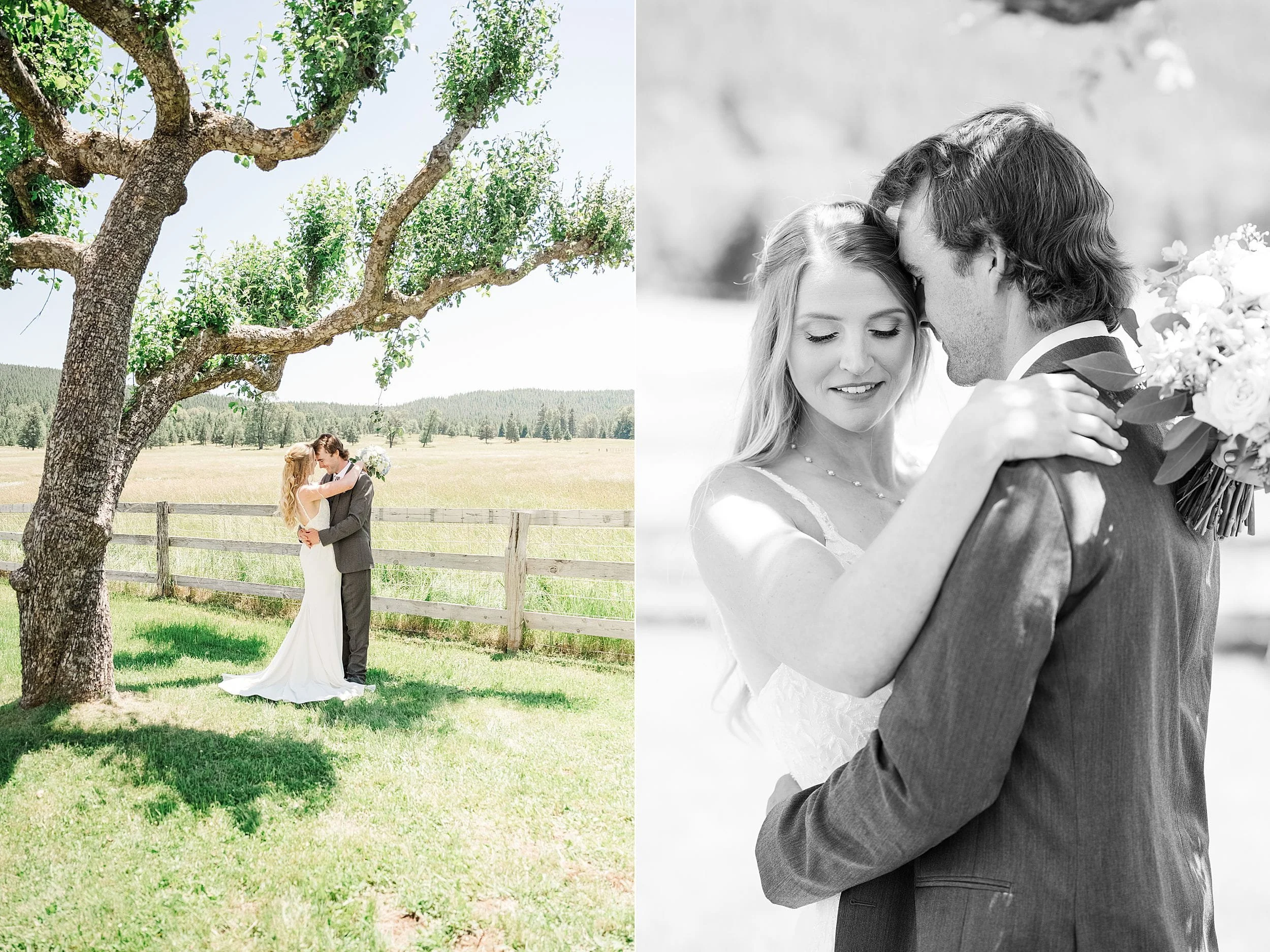 Bride and groom smiling together during portraits at their private ranch wedding.