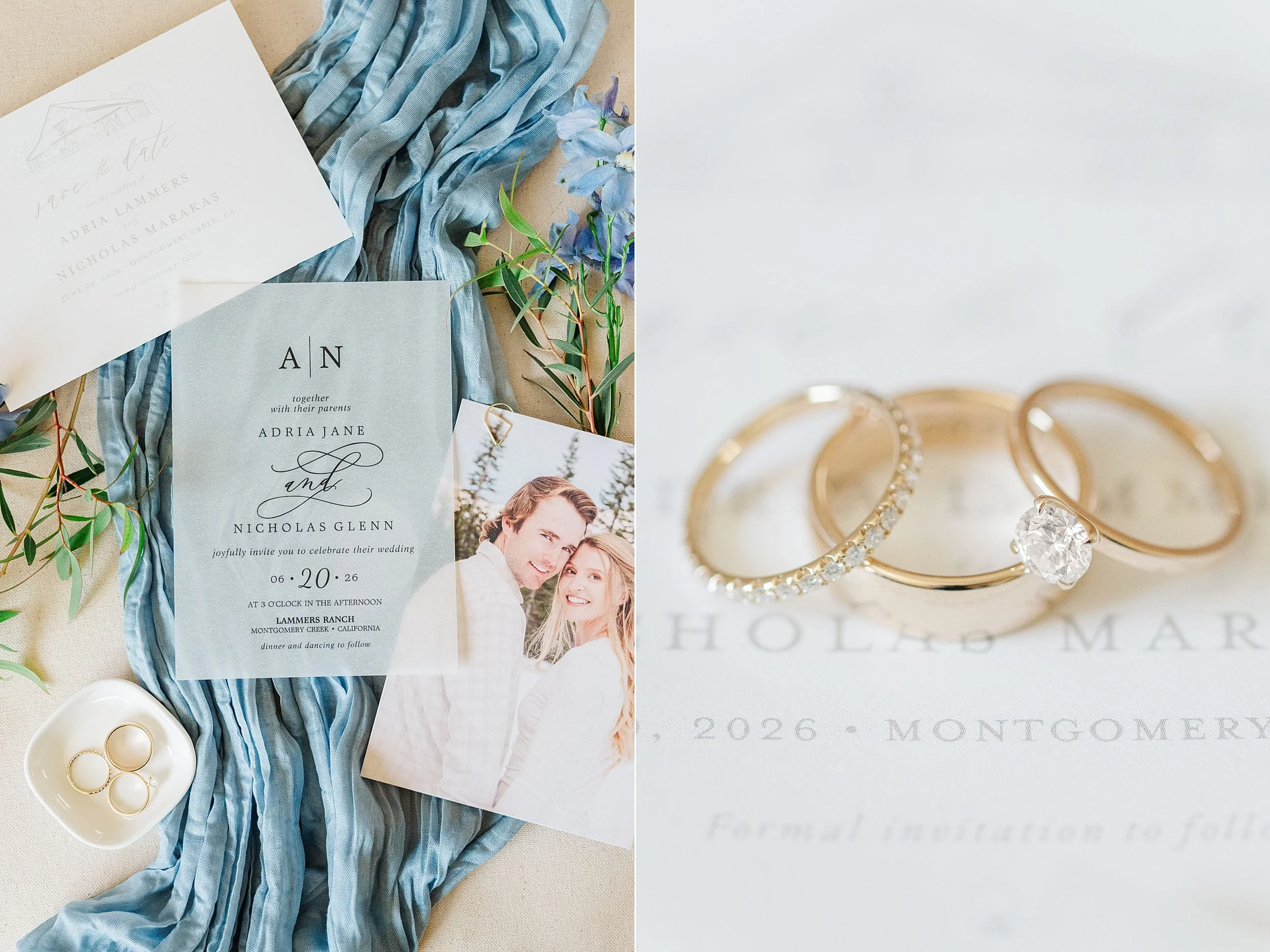 Blue wedding invitation suite with rings and engagement photo details.