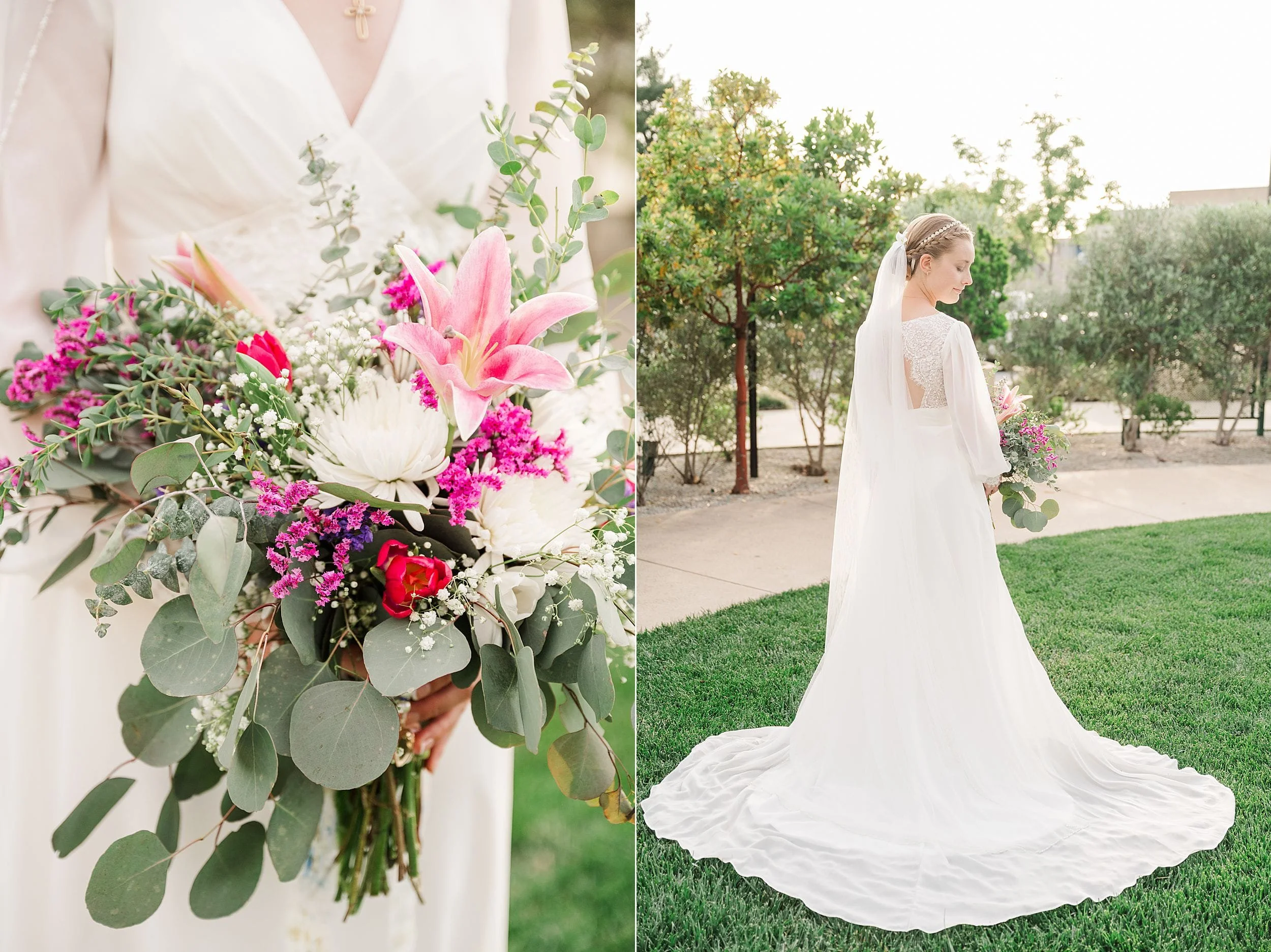 Bride in white gown holding a vibrant bouquet of pink and red flowers, with greenery. She stands on grass, facing away, under a bright sky.