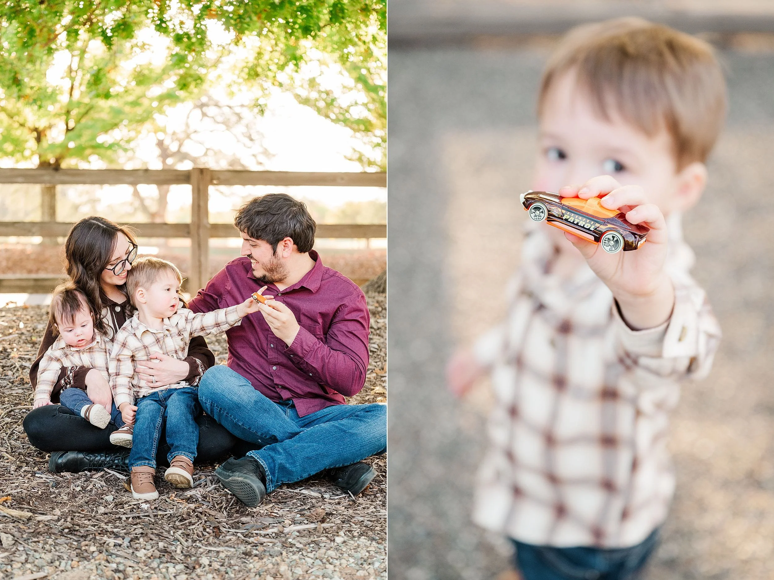 A split portrait shows a family relaxing beneath leafy trees on the left, while a young child proudly holds out a toy car on the right, creating a warm, playful mood.