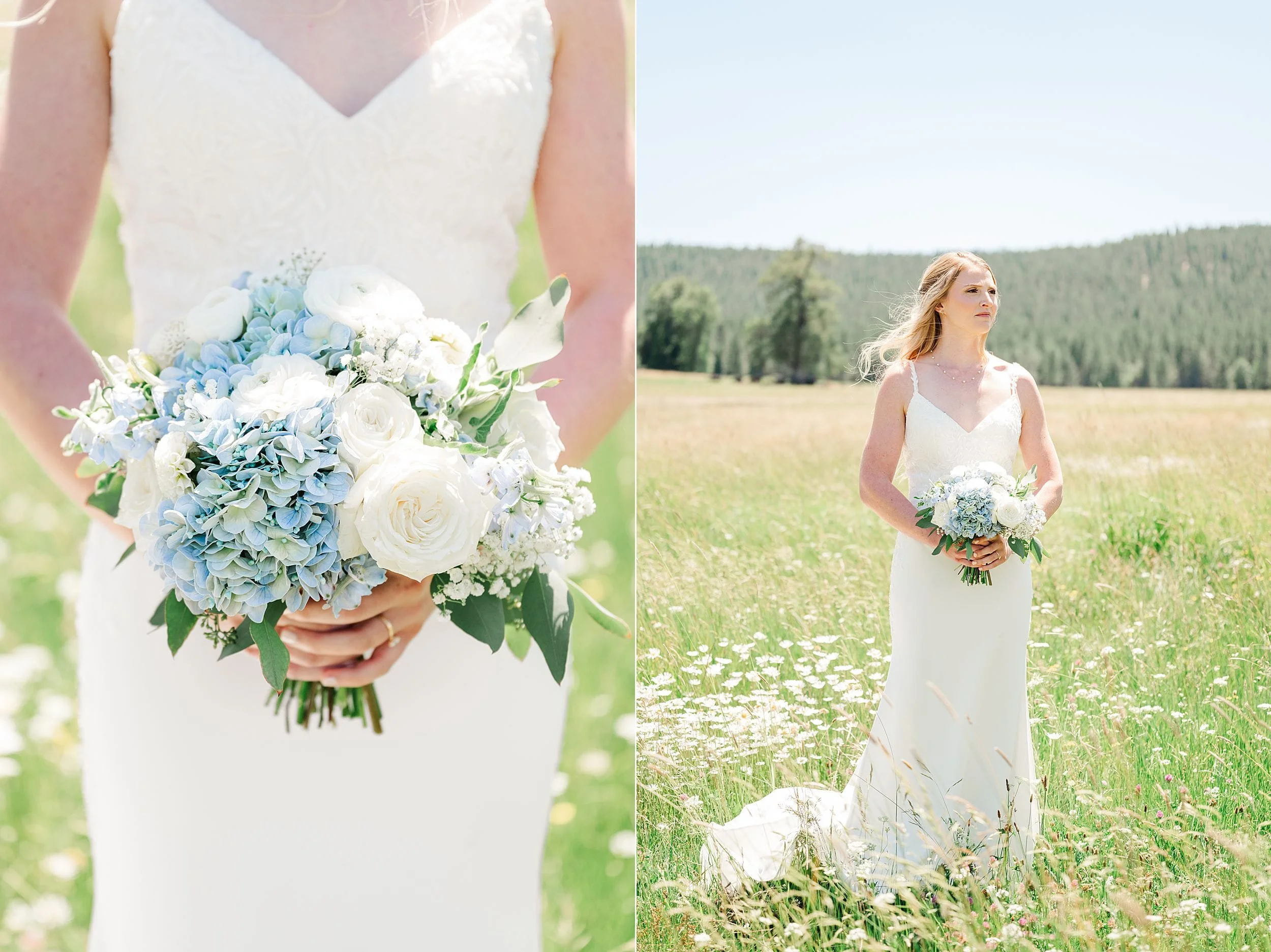 Bride holding her bouquet during portraits at a private mountain ranch.