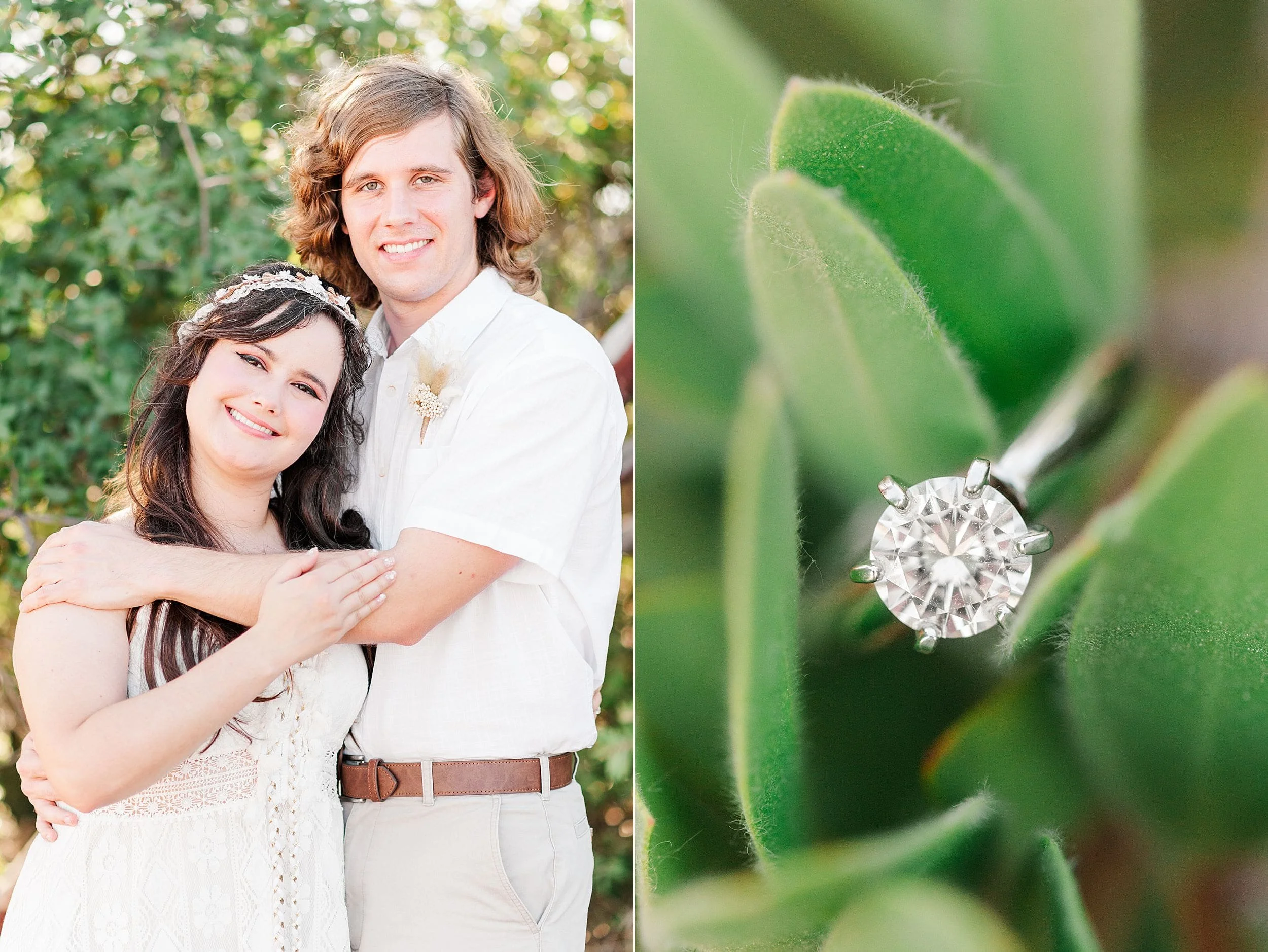 couple smiling with arms around each other next to engagement diamond ring photo