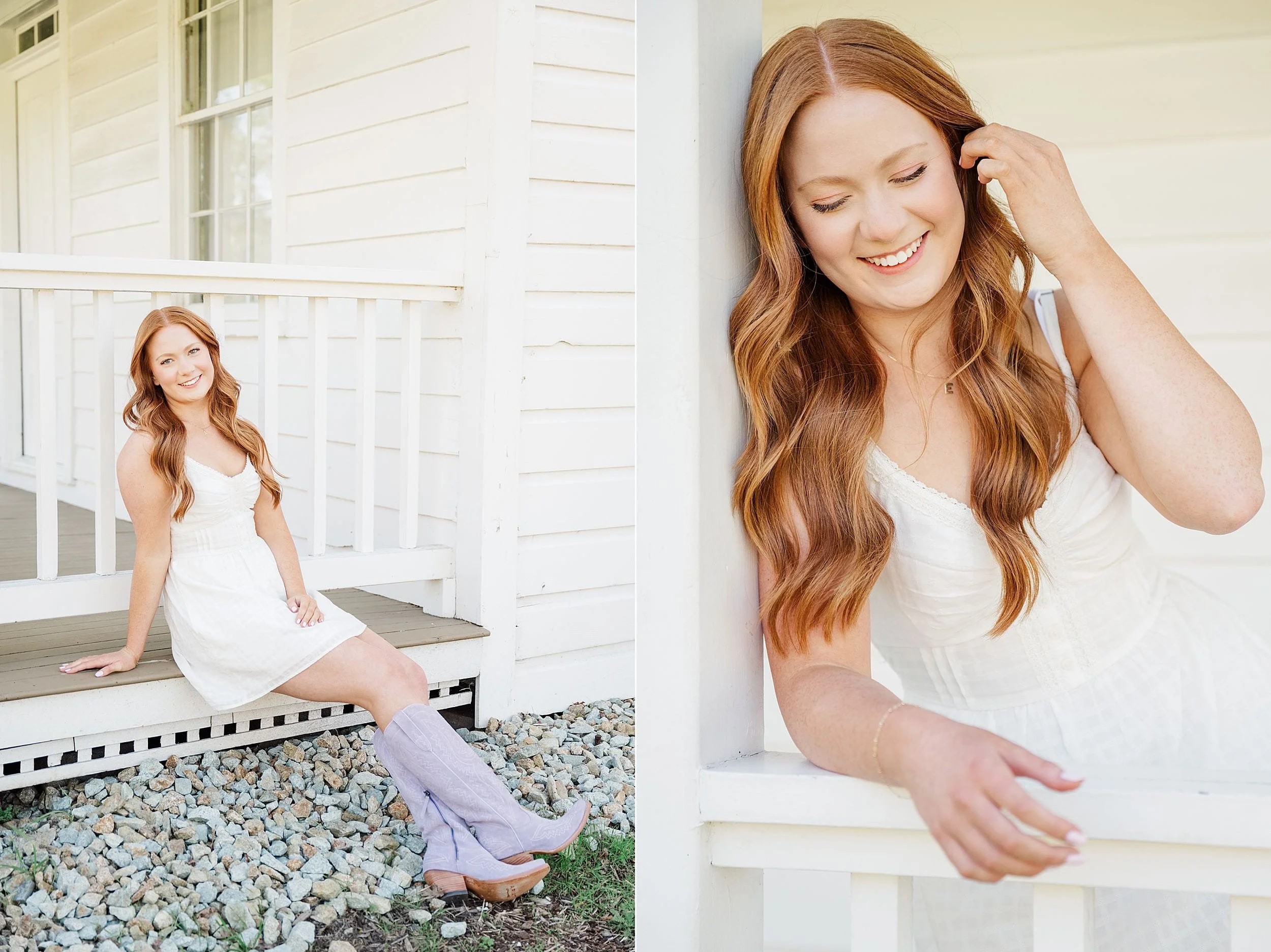 A woman with long, wavy red hair and a white dress sits on a porch, smiling warmly. She wears purple boots, exuding an atmosphere of casual joy.