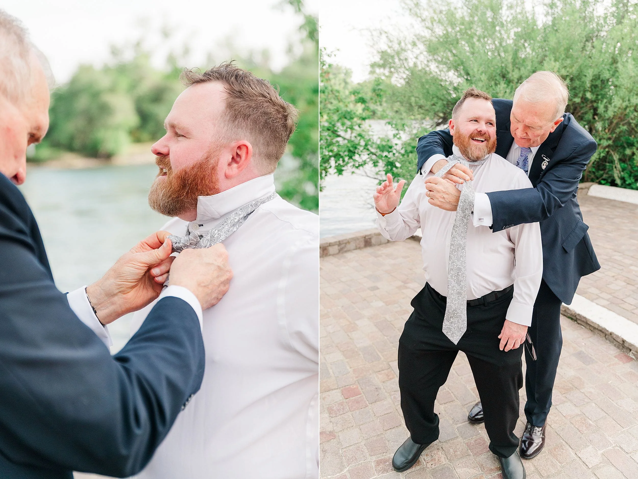 Two photos of two men by a riverside. Left: An older man helps the younger with a tie. Right: They share a joyful hug on a stone path.