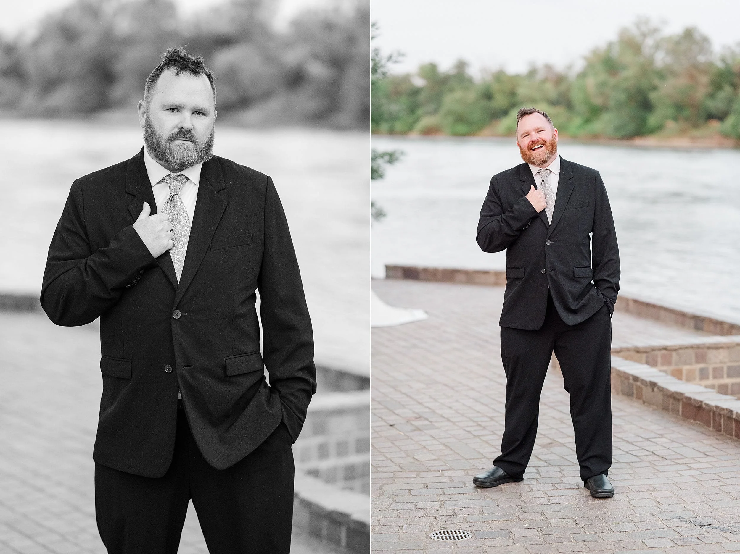 Two side-by-side images show a man in a suit by a waterfront. Left: serious pose in black and white. Right: smiling with a relaxed posture in color.