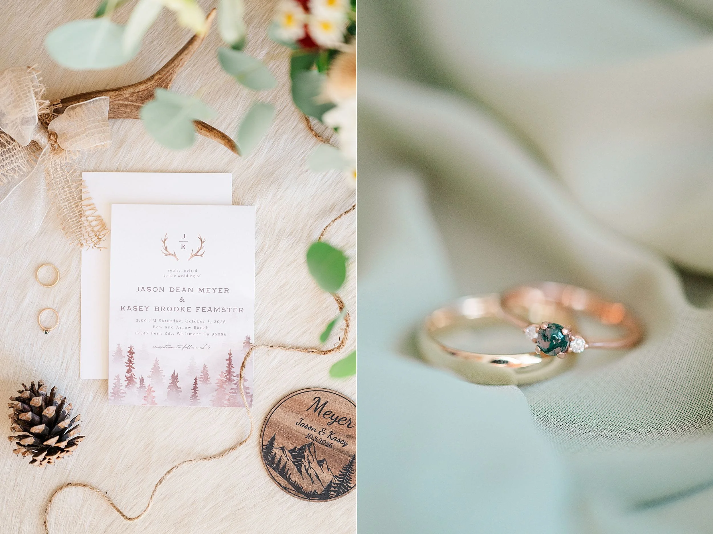 A romantic wedding collage pairs a blush invitation and rustic pinecone details on fur with gold engagement rings, one set with a teal gemstone.
