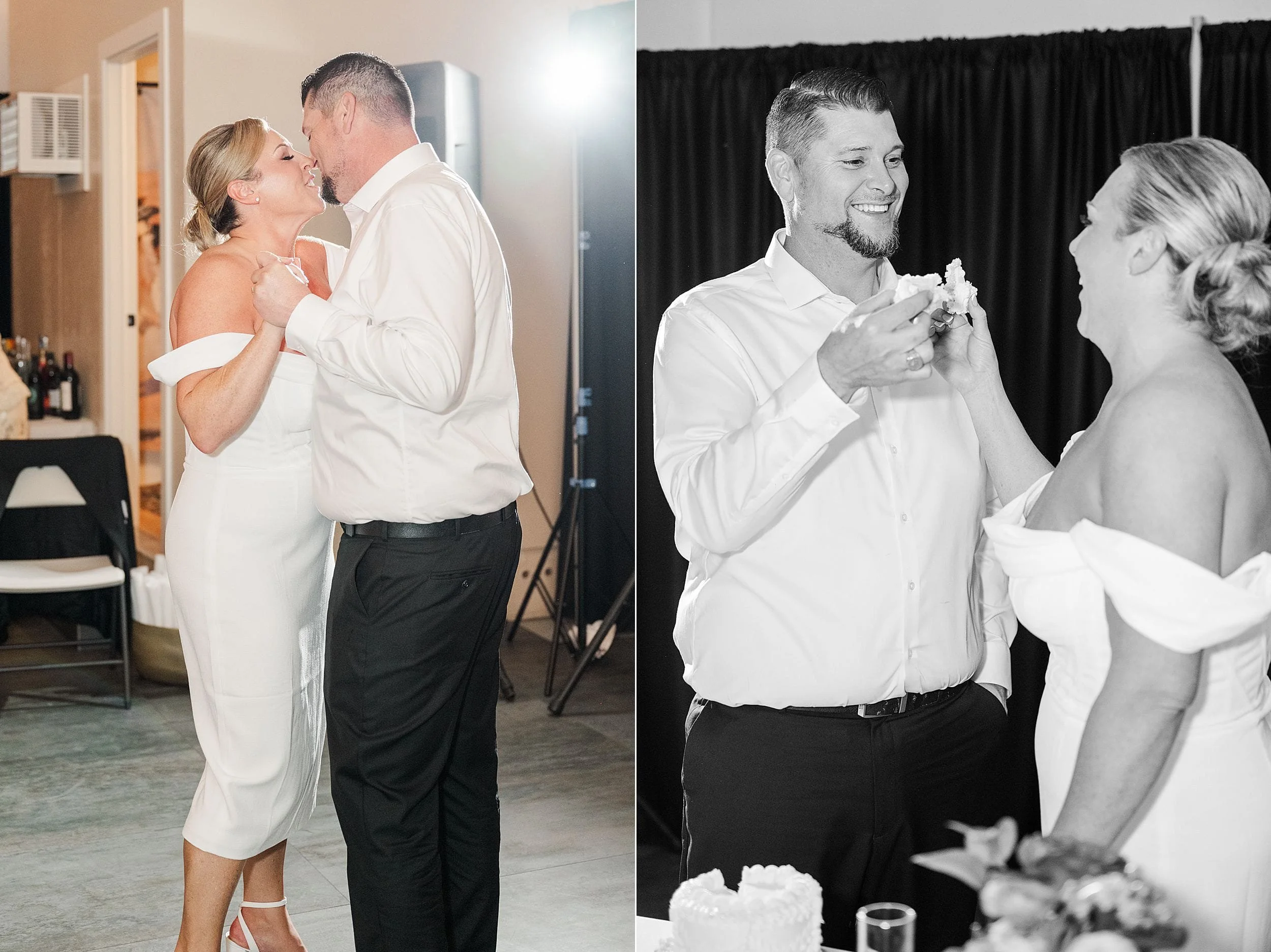 A couple shares a joyful dance, smiling warmly at each other. In another scene, they playfully feed each other cake, celebrating in light-hearted happiness.