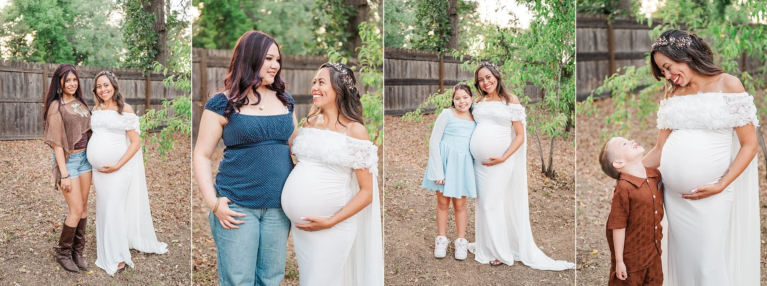 Three-panel outdoor maternity collage featuring a pregnant woman in a white dress with women and children in a wooded backyard; warm, joyful mood.