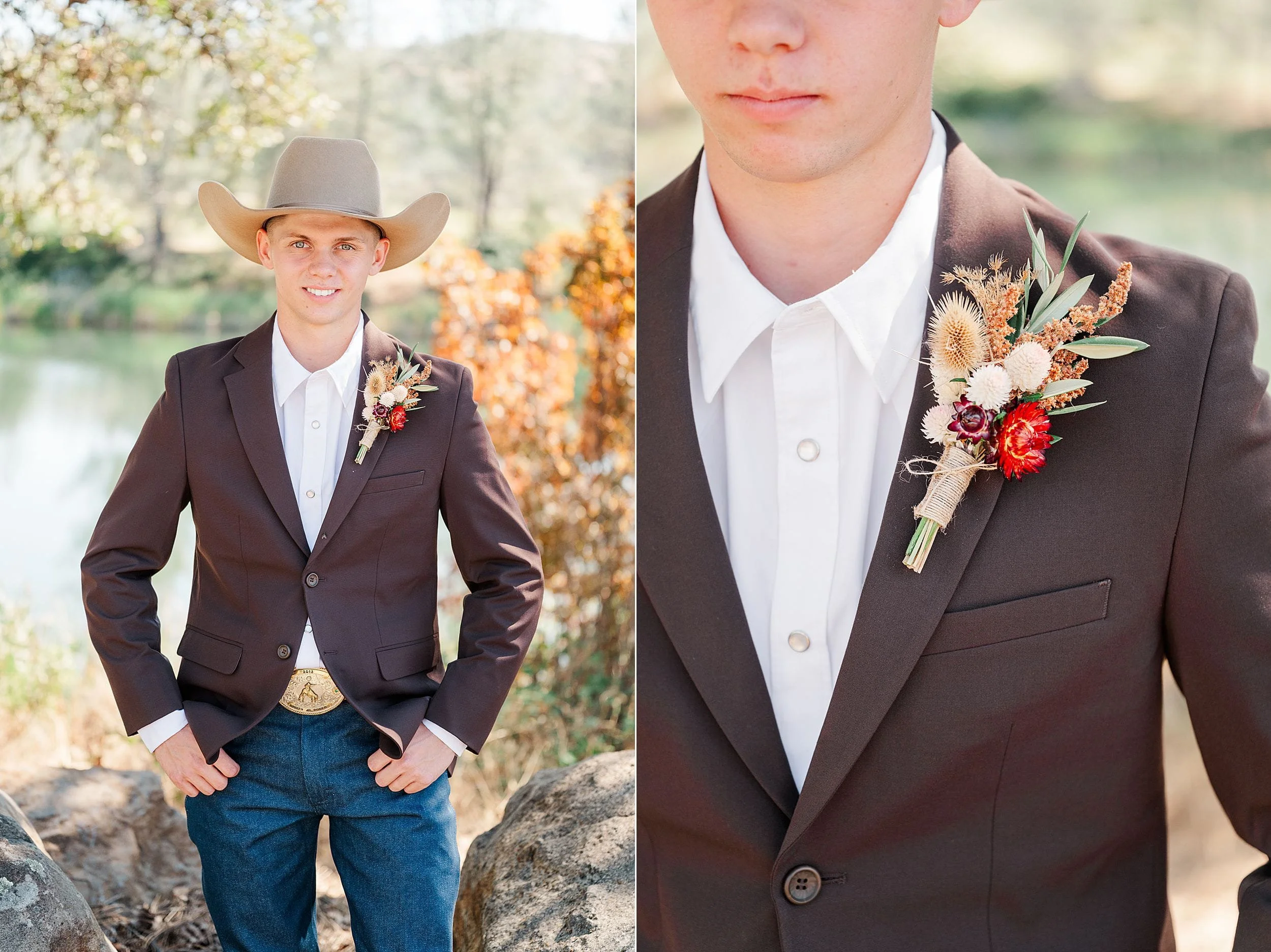 Young groom in a tan cowboy hat and brown suit poses outdoors in jeans; close-up highlights his colorful boutonniere, creating a warm, rustic mood.