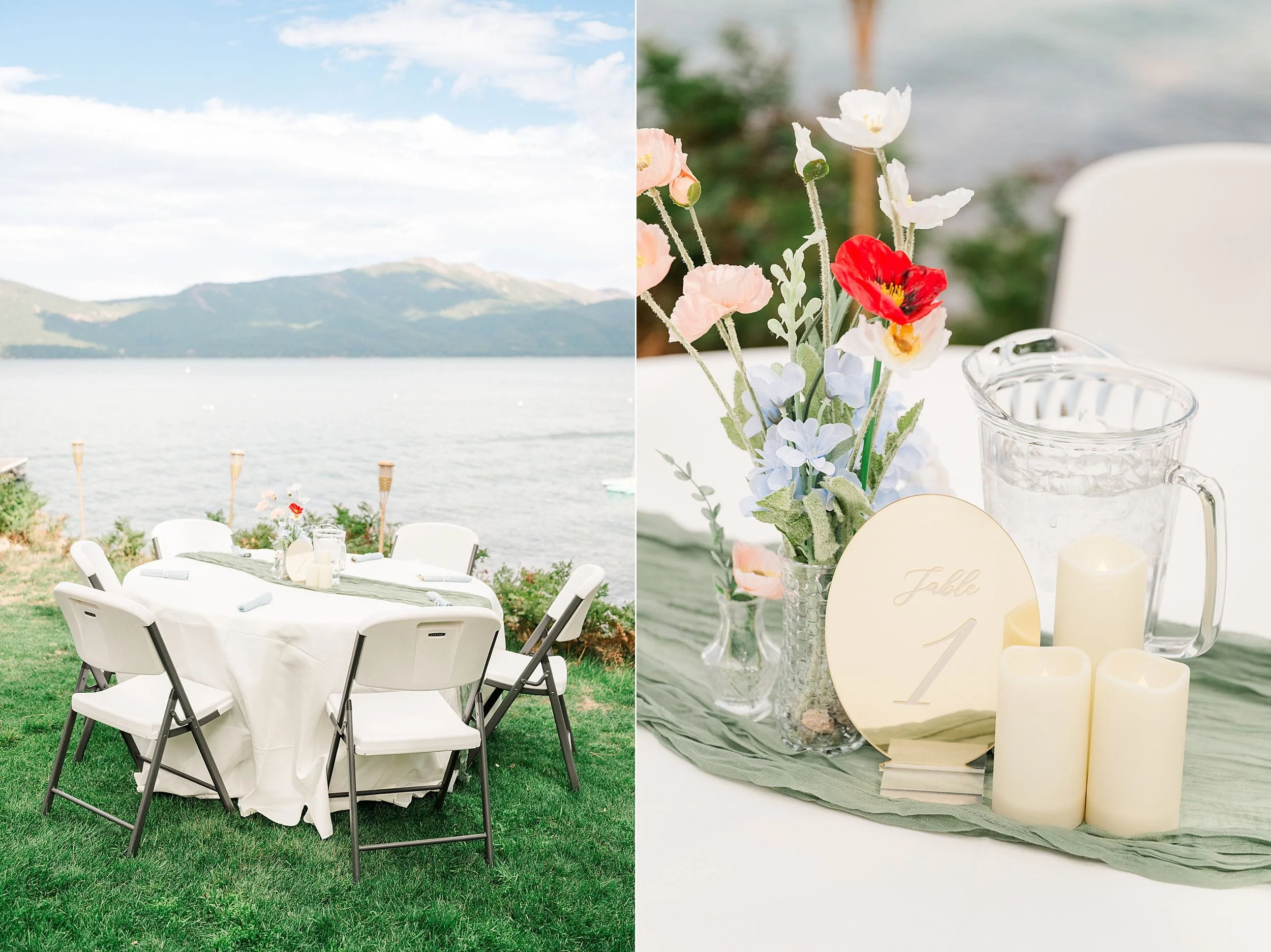 Split image of an elegant lakeside wedding table with white linens and chairs, paired with wildflower centerpieces, candles, and table number 1.