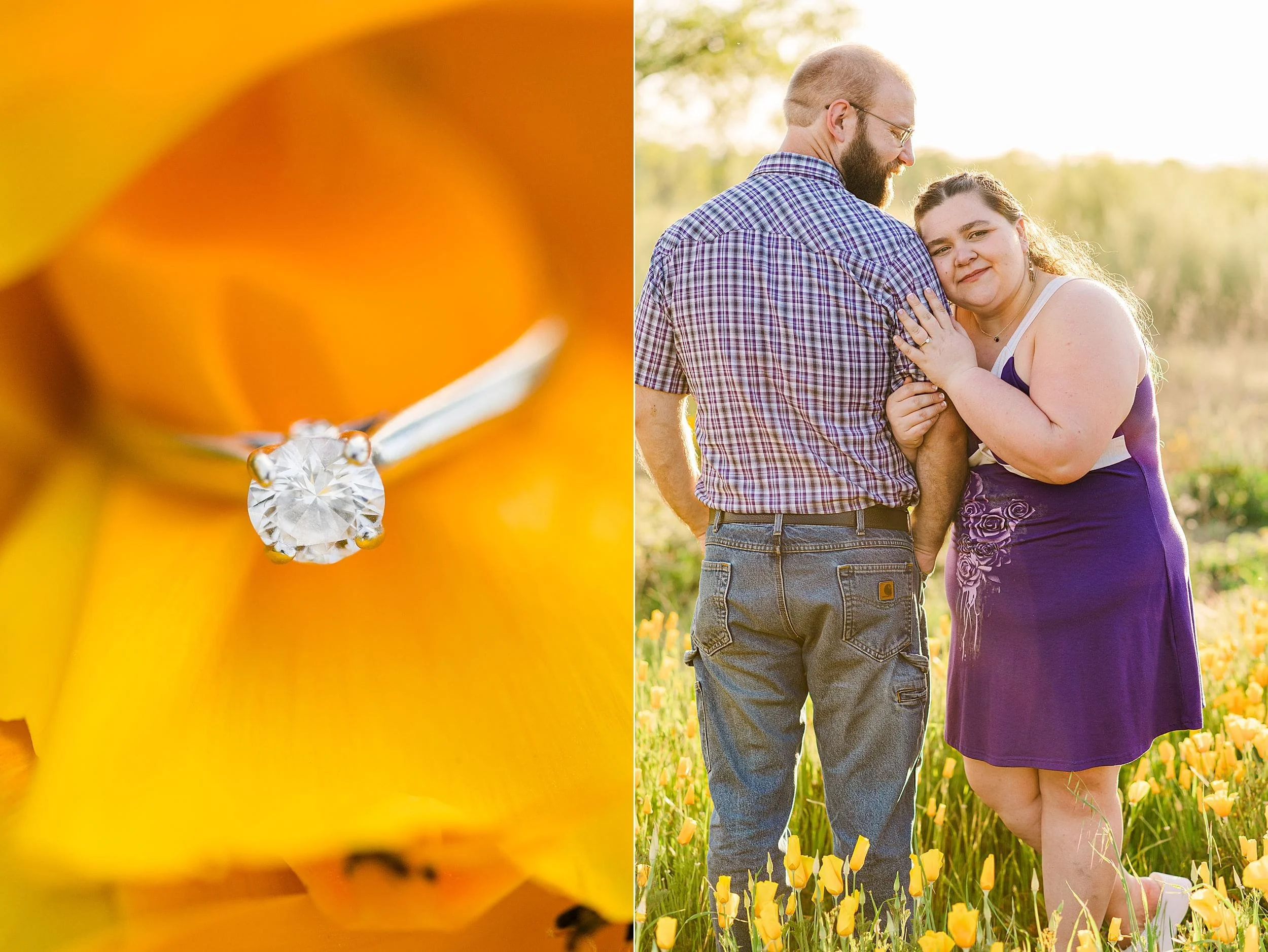 engagement ring on orange wild poppies