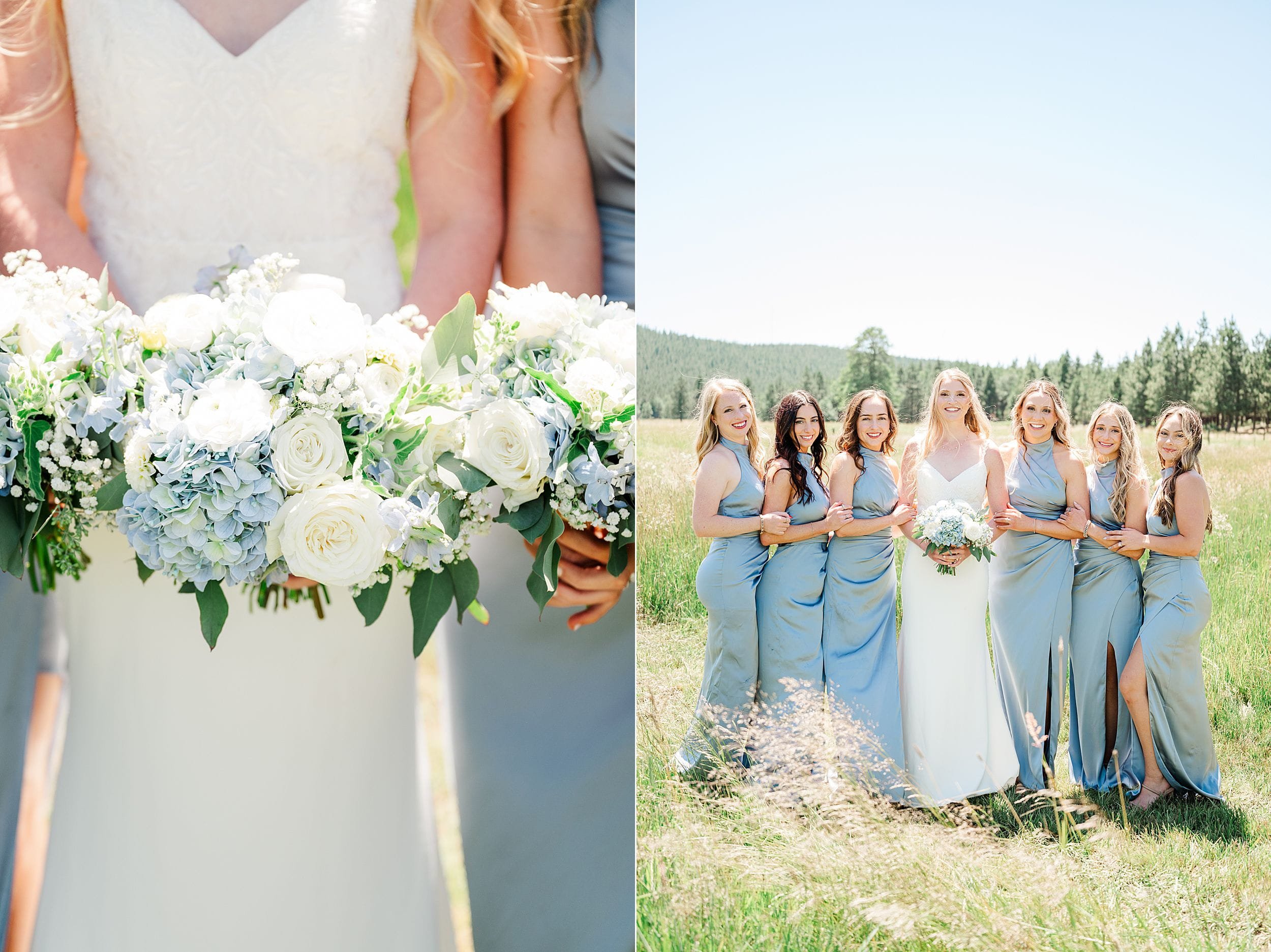 Bride and bridesmaids posing together in blue dresses at the ranch.