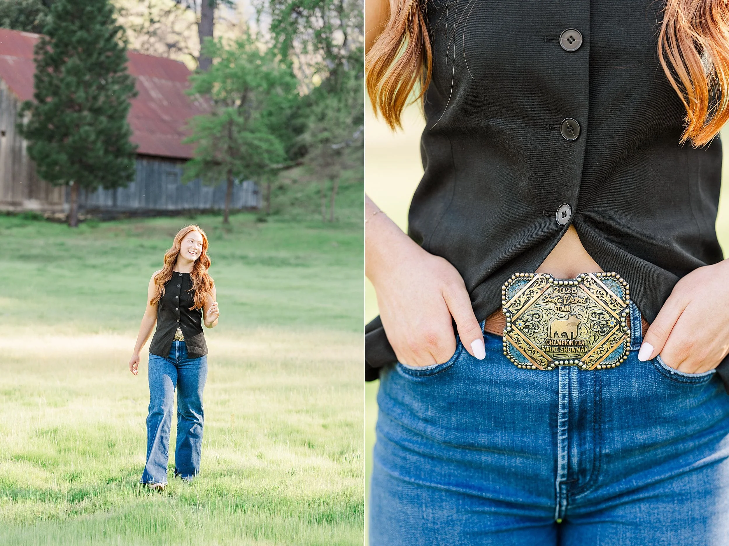 A woman with long red hair walks joyfully in a sunlit field by a rustic barn, wearing a black vest, flared jeans, and a decorative belt buckle.
