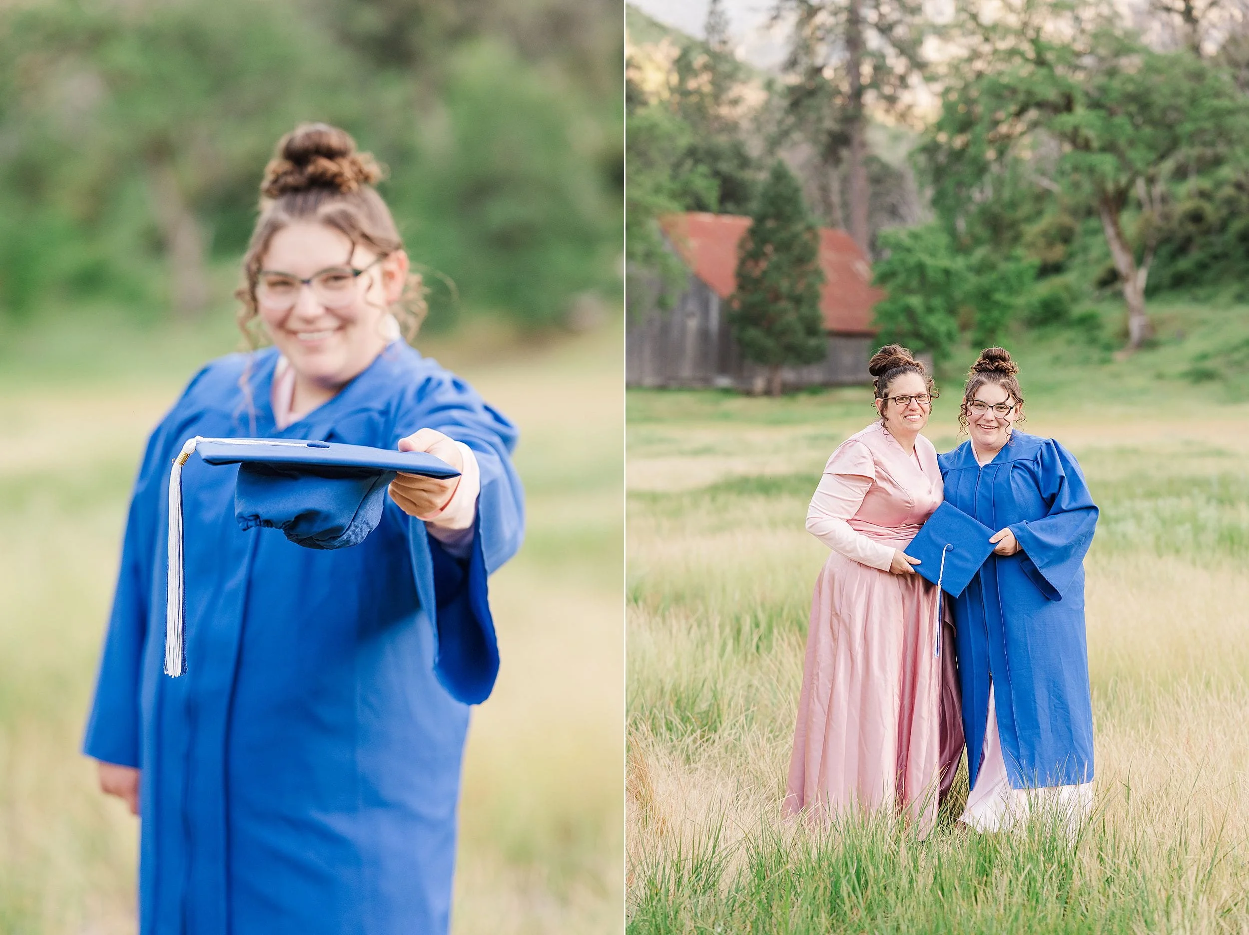 A graduate in a blue cap and gown proudly presents the cap forward, smiling brightly. Beside them, both stand in a grassy field, exuding joy and accomplishment.