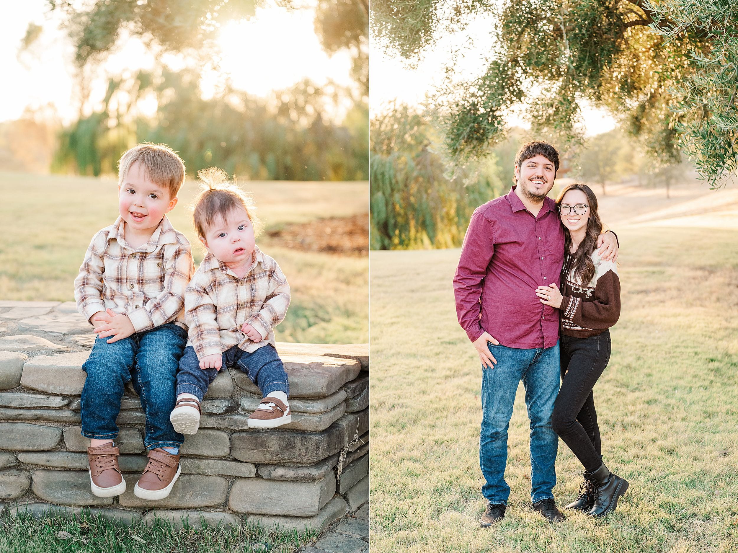 Two-panel outdoor family portrait: two young children sit on a stone wall, while a smiling couple stands together beneath leafy trees in warm golden light.
