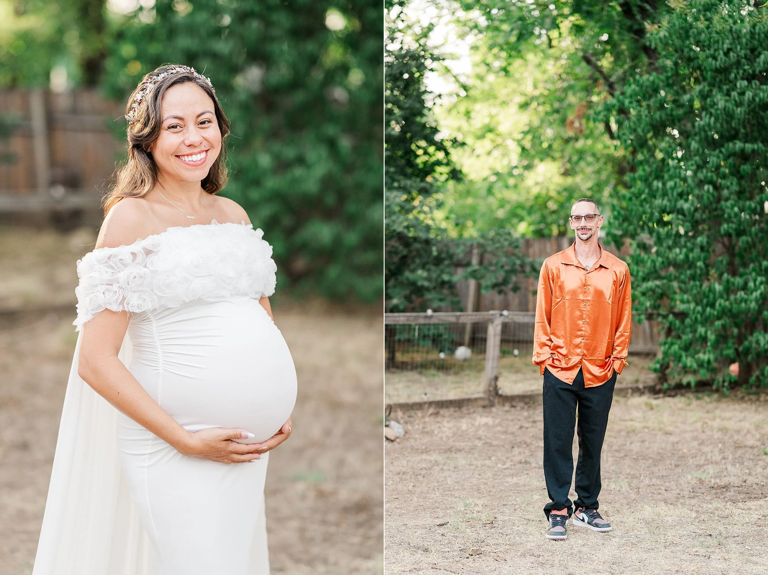 Split outdoor portrait of a smiling pregnant woman in a white gown and a man in an orange shirt, standing separately in a leafy yard.