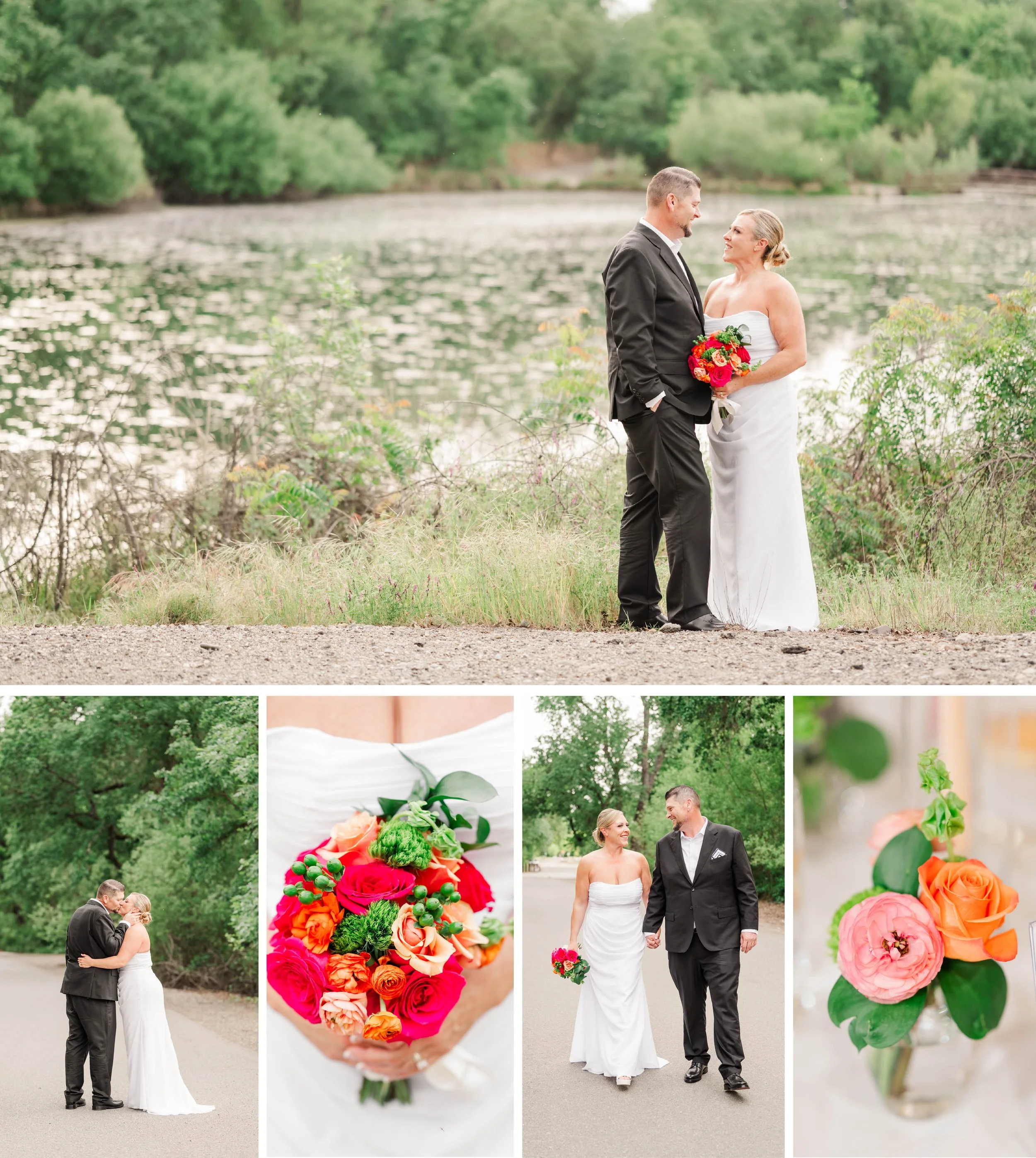 A couple in wedding attire stands smiling near a serene lake. The bride holds a vibrant bouquet. Additional images show close-ups of the bouquet, the couple walking, and floral decorations, conveying a joyful and romantic atmosphere.