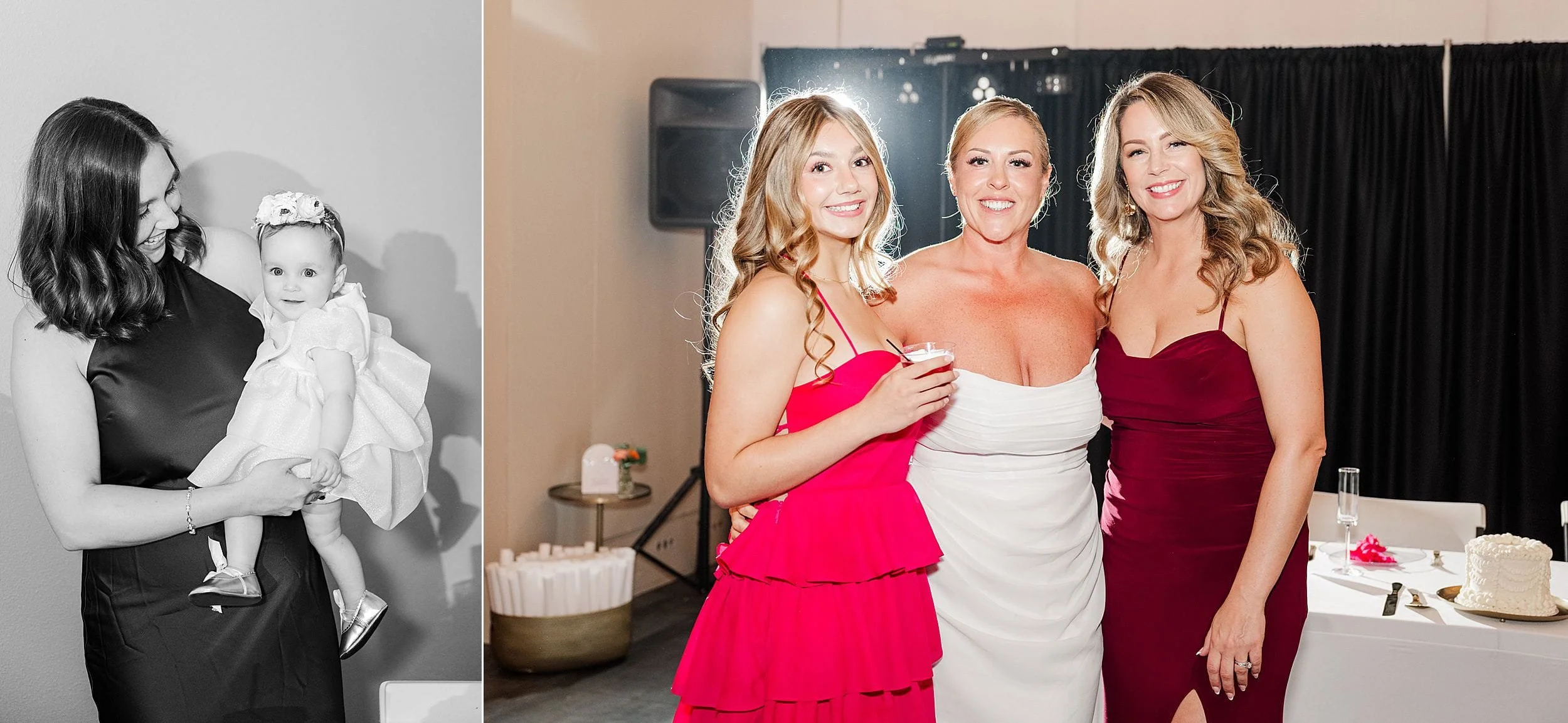Two photos side by side: Left shows a woman joyfully holding a smiling baby; right features three women posing happily in elegant dresses at an event.