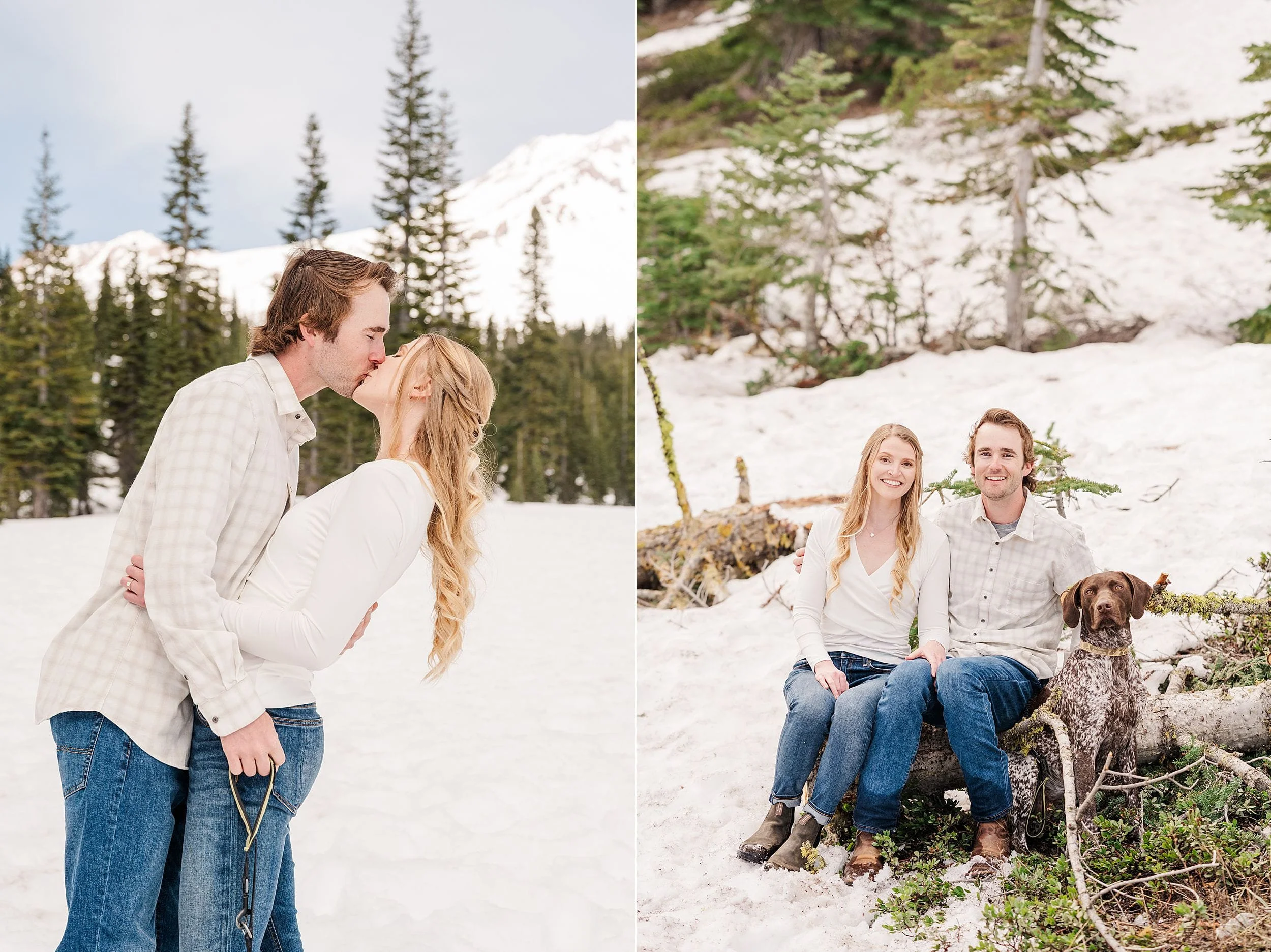 A couple embraces in a snowy landscape; the man kisses the woman while wearing casual clothes. Nearby, they sit on a log, smiling with a dog beside them. Pine trees and snow create a serene, joyful atmosphere.
