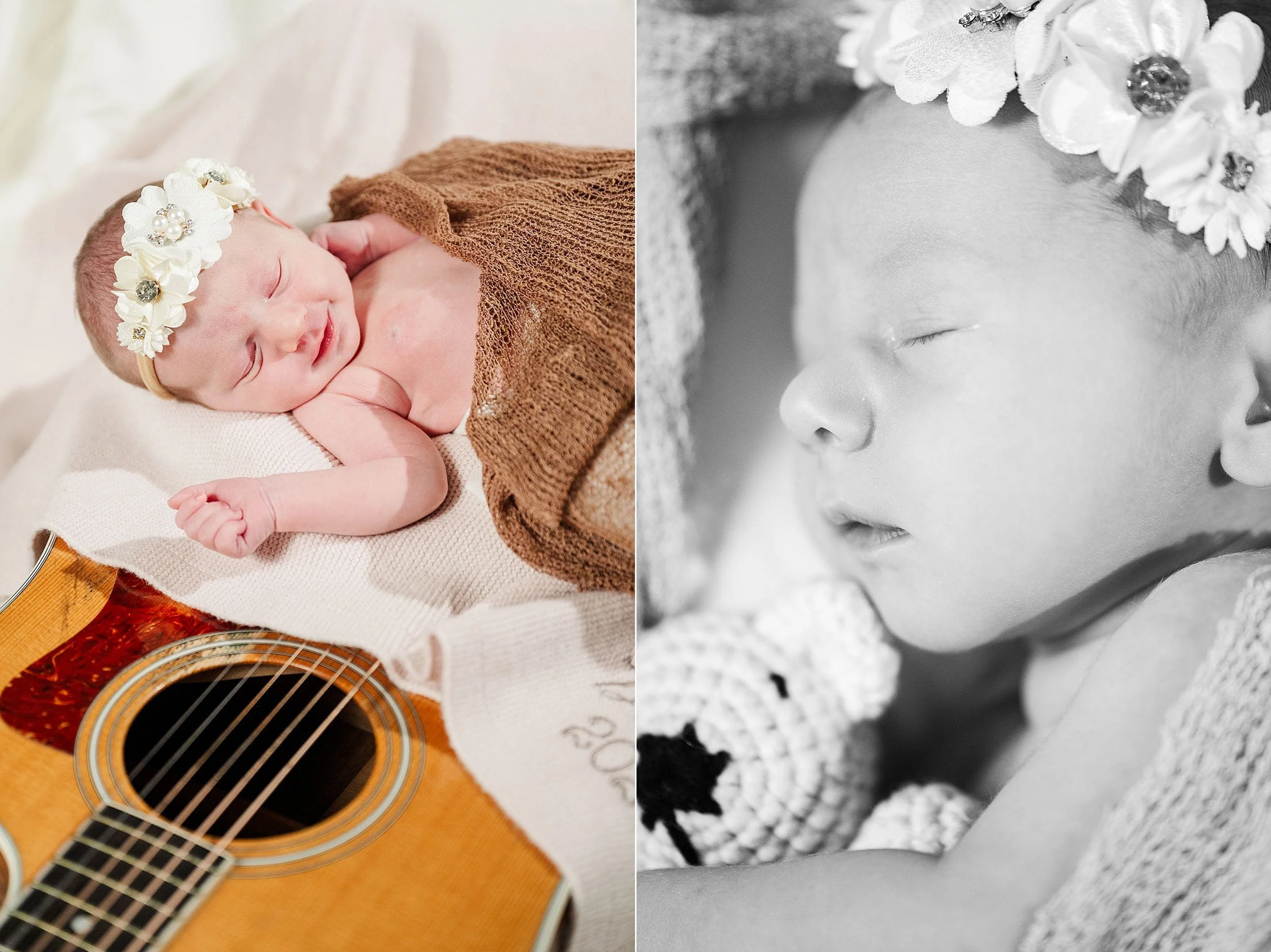 A peaceful newborn baby with a floral headband sleeps beside an acoustic guitar, wrapped in a cozy brown blanket. The scene is warm and serene.