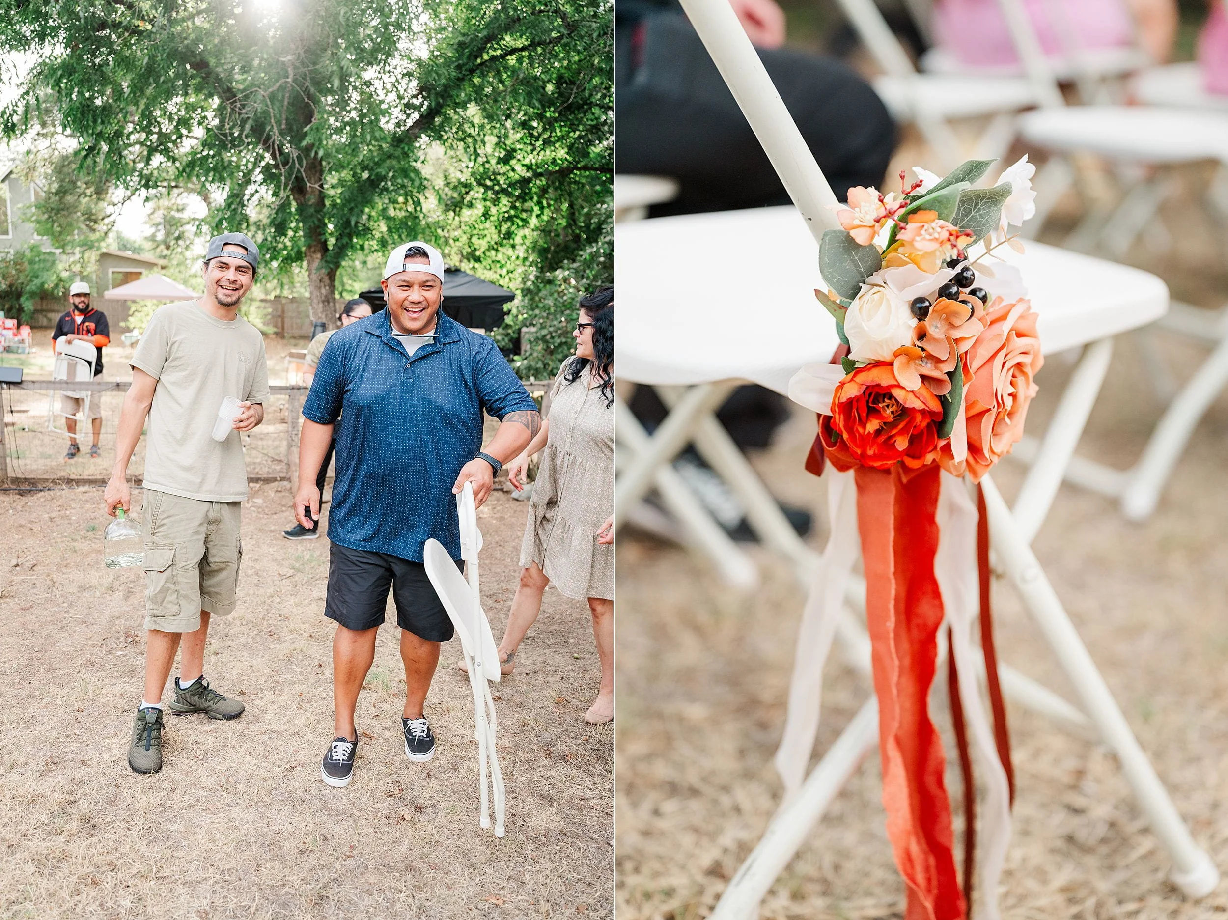 Outdoor wedding scene: two smiling men walk beneath trees, while a colorful bouquet with flowing red ribbons decorates a white chair.