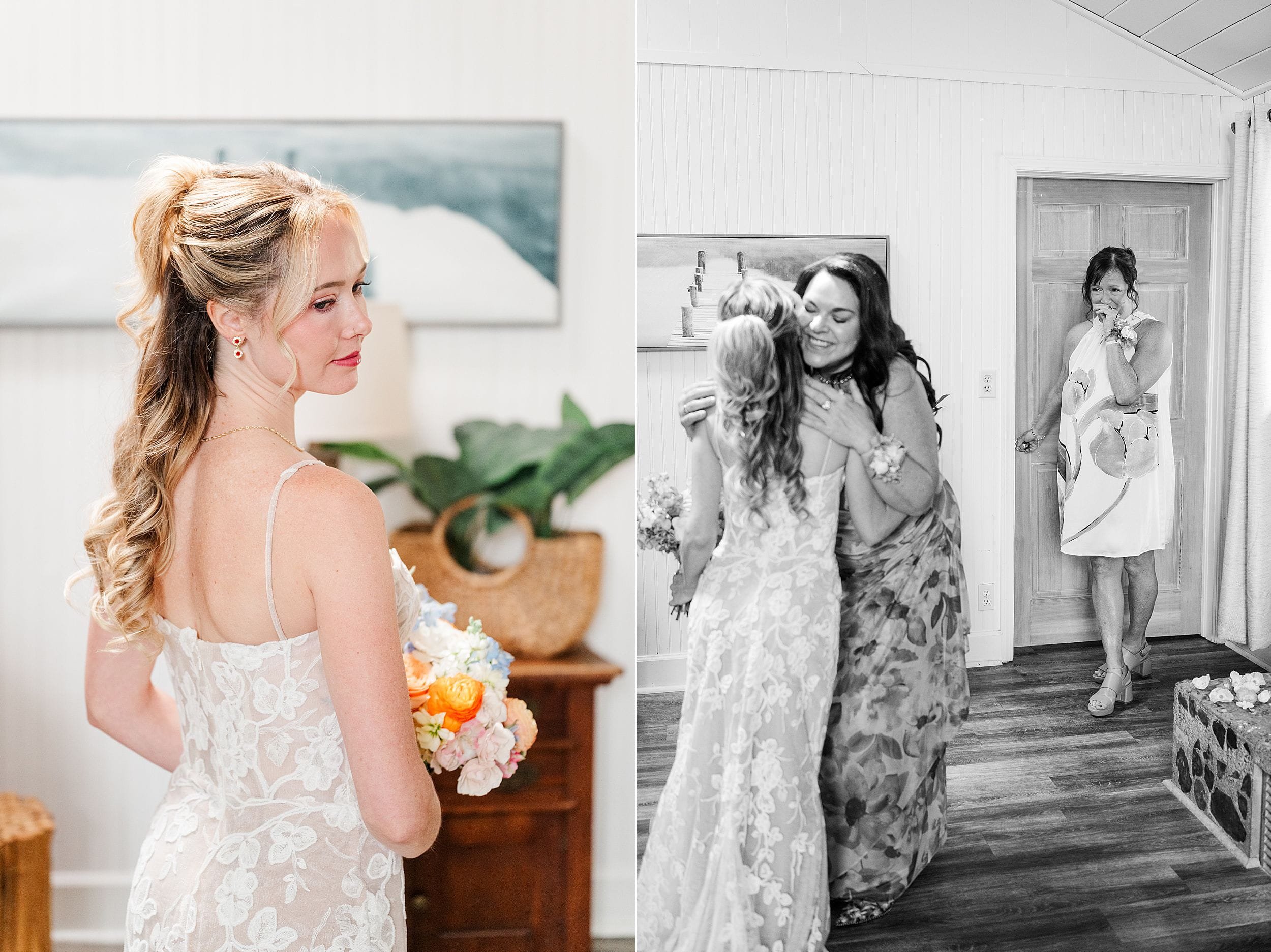 Split wedding portrait: bride in a lace gown holds a colorful bouquet, while a black-and-white scene shows her embracing a woman.