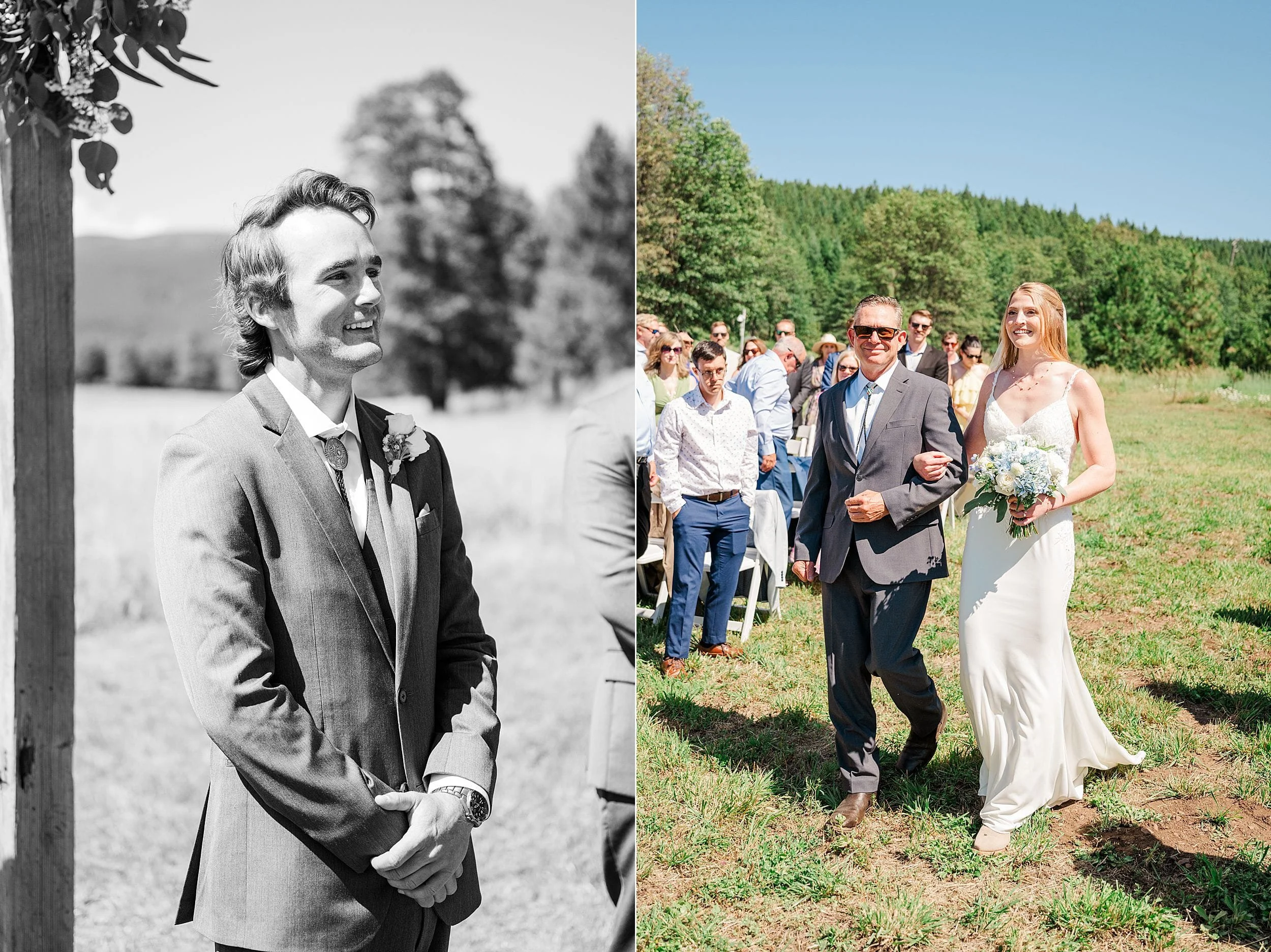 Groom watching the bride walk down the aisle during their outdoor ceremony.