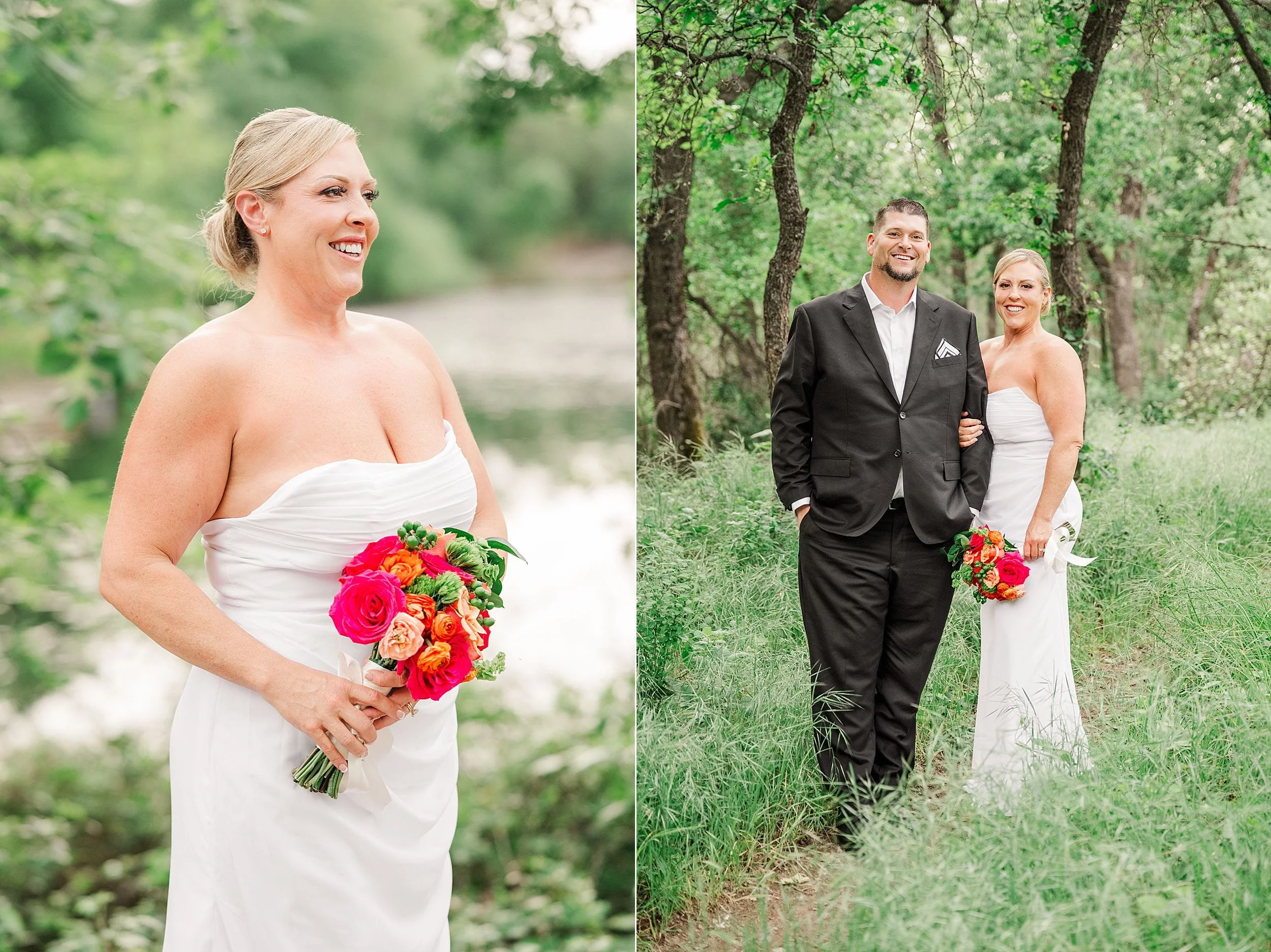 Left image: Smiling bride in a white strapless dress holds a colorful bouquet, standing by a serene lake surrounded by greenery. Right image: The bride and groom, wearing a black suit, stand arm-in-arm on a lush forest path, exuding happiness.