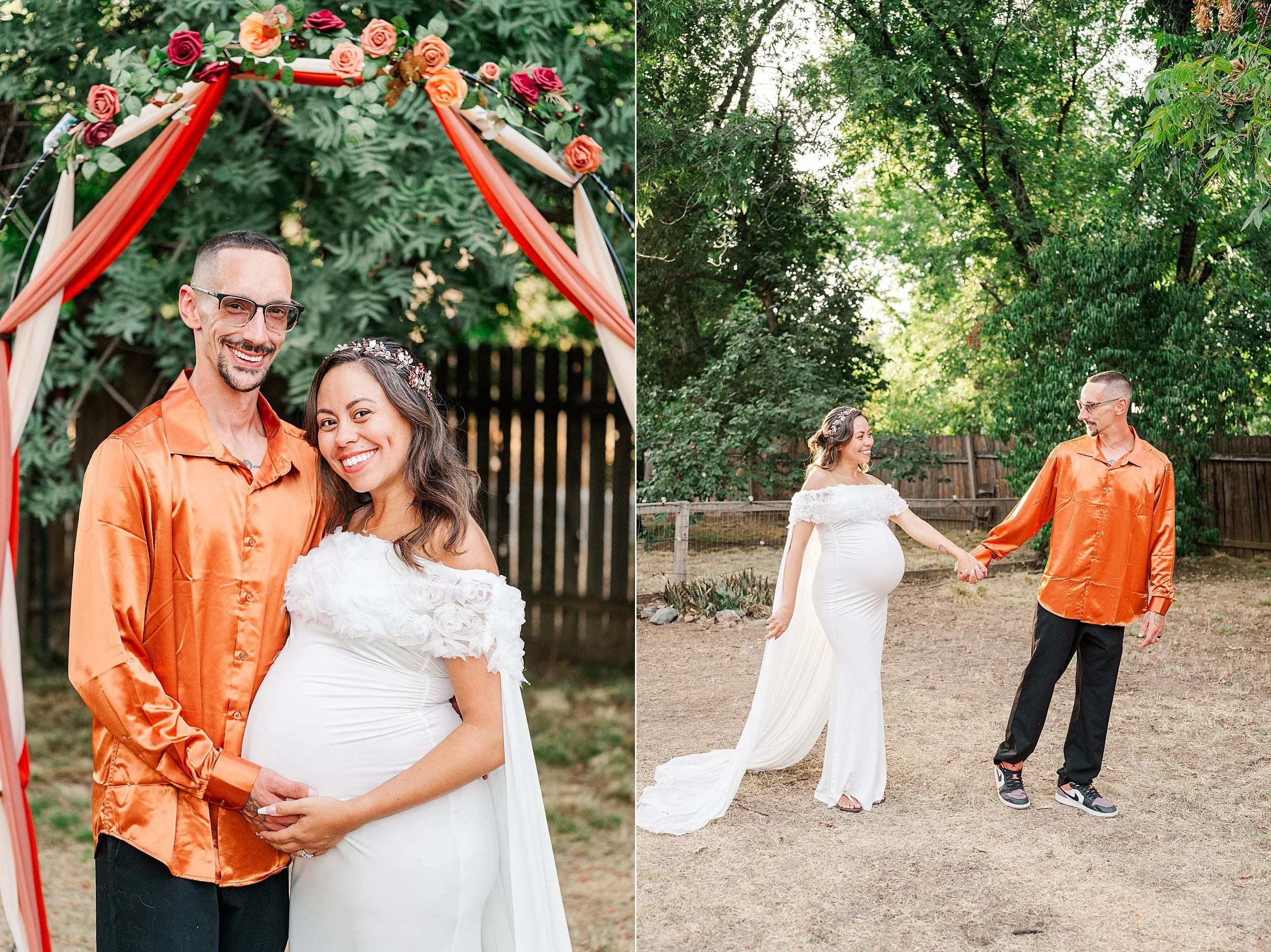 Split image of a pregnant couple smiling beneath a floral arch and holding hands outdoors, celebrating love and impending parenthood.