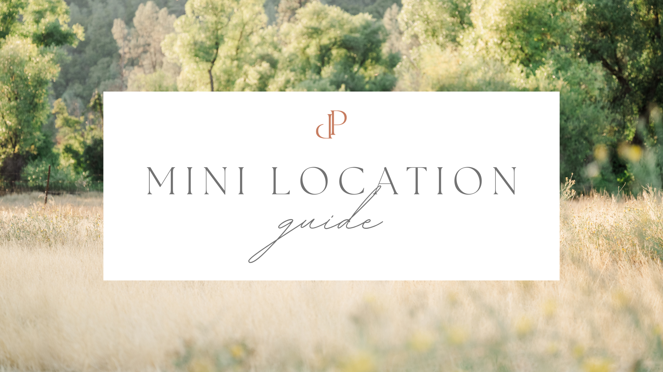A serene landscape with lush green trees and a grassy meadow. Central text reads "Mini Location Guide" in elegant fonts, conveying tranquility.