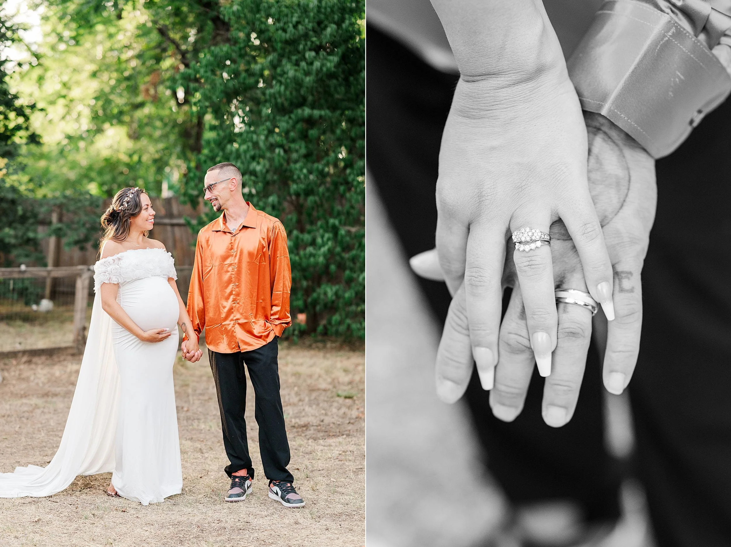 Split portrait of a pregnant couple holding hands outdoors, paired with a black-and-white close-up of their ring-adorned hands, conveying love.