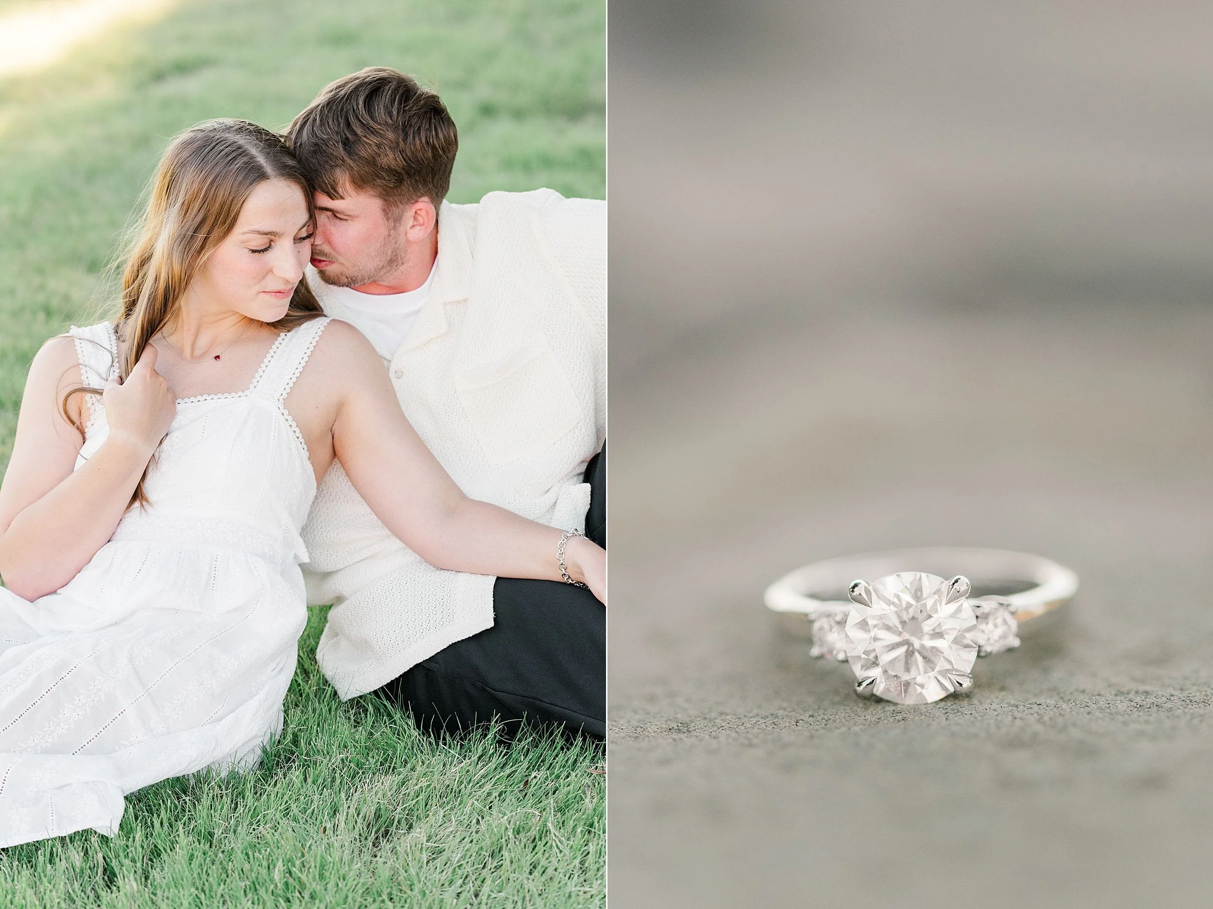 A couple sits on grass, the woman in a white dress and the man in a light shirt, sharing an intimate moment. Beside them is a close-up of a sparkling engagement ring. The scene conveys love and commitment.