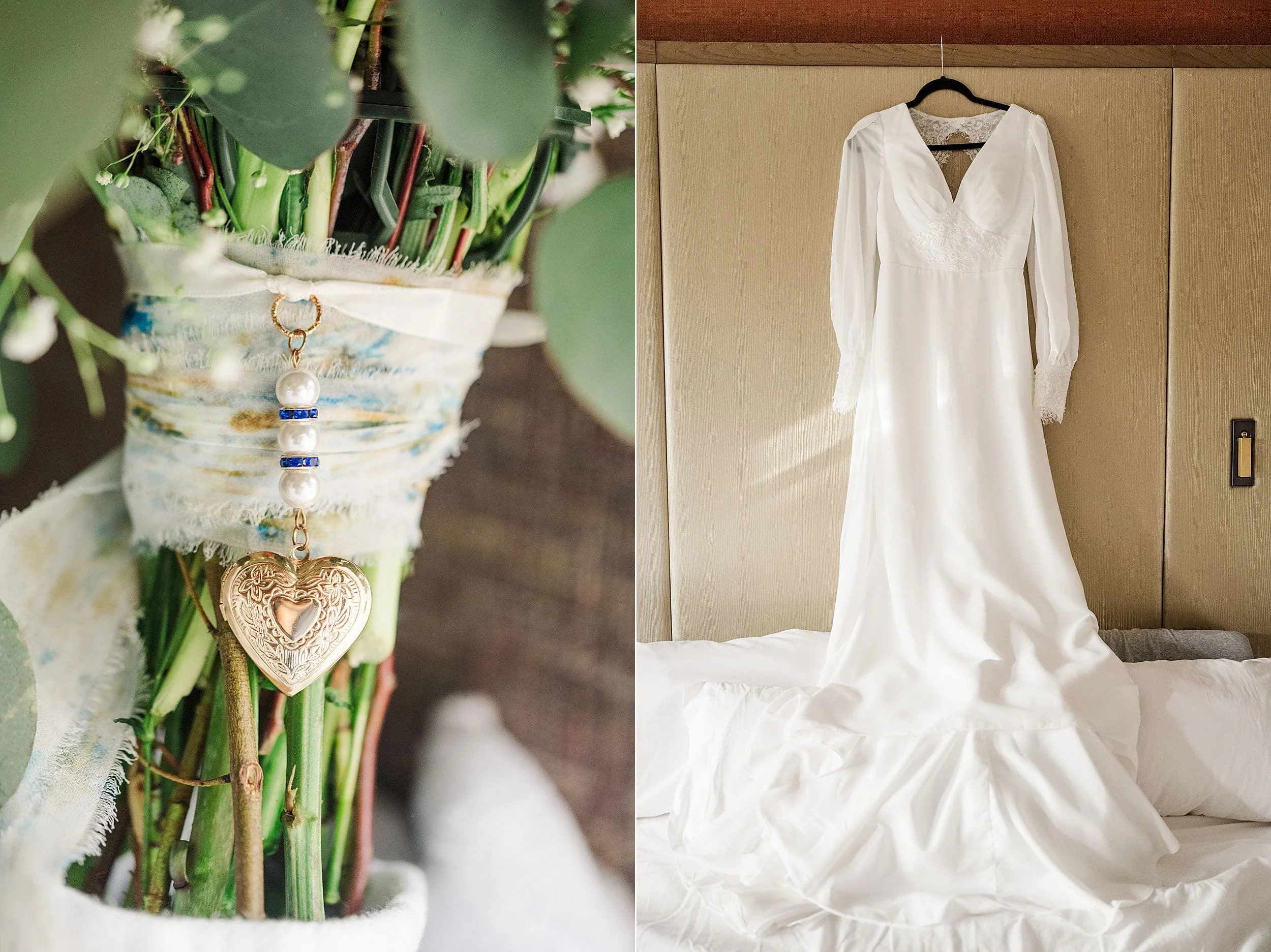 A wedding dress with lace sleeves hangs on a wall above a white bed. Beside it, a bouquet with eucalyptus leaves features a gold heart locket charm.