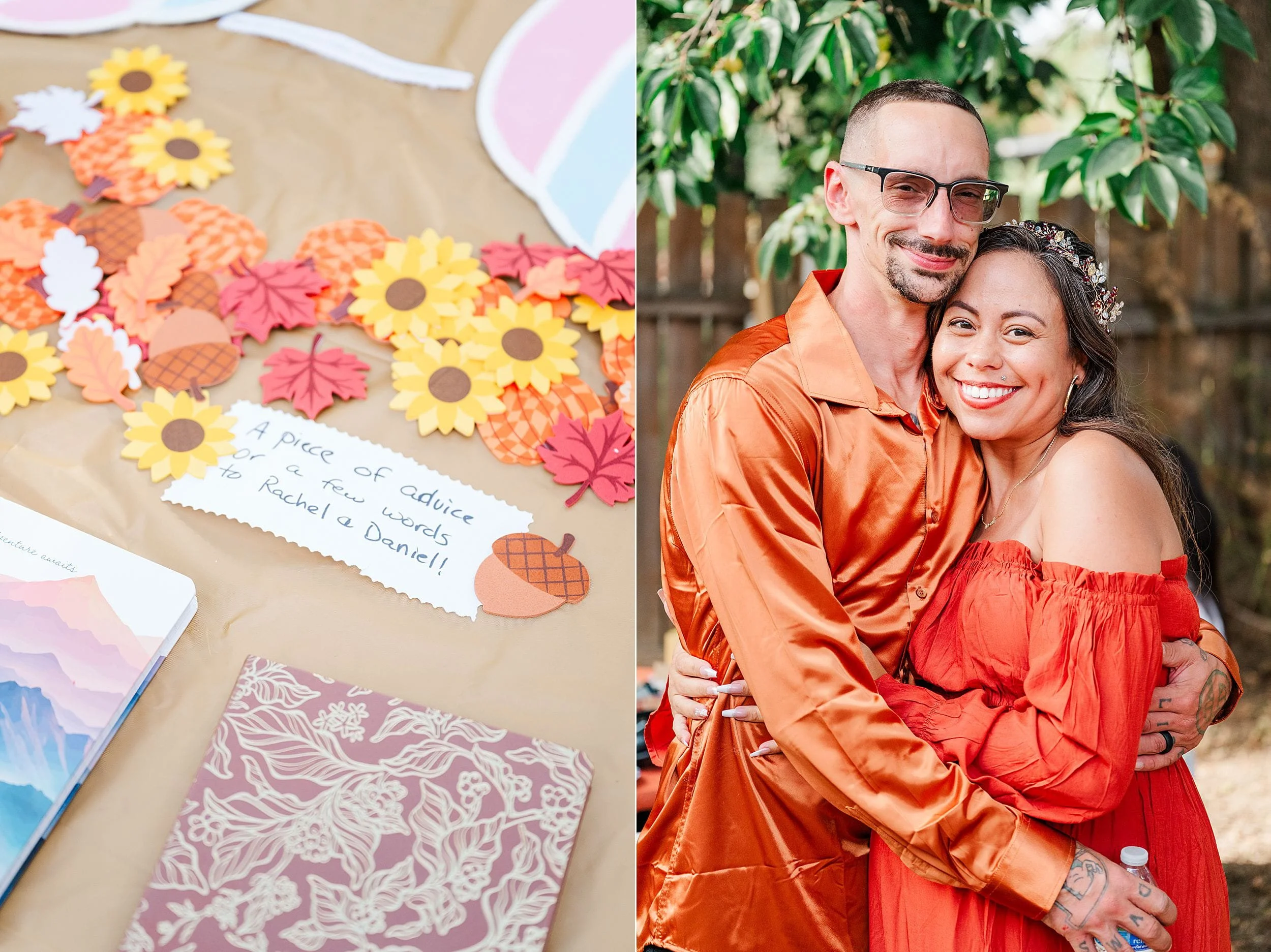 Split image shows colorful paper flowers and handmade cards beside craft supplies, alongside a smiling couple embracing outdoors in bright outfits.