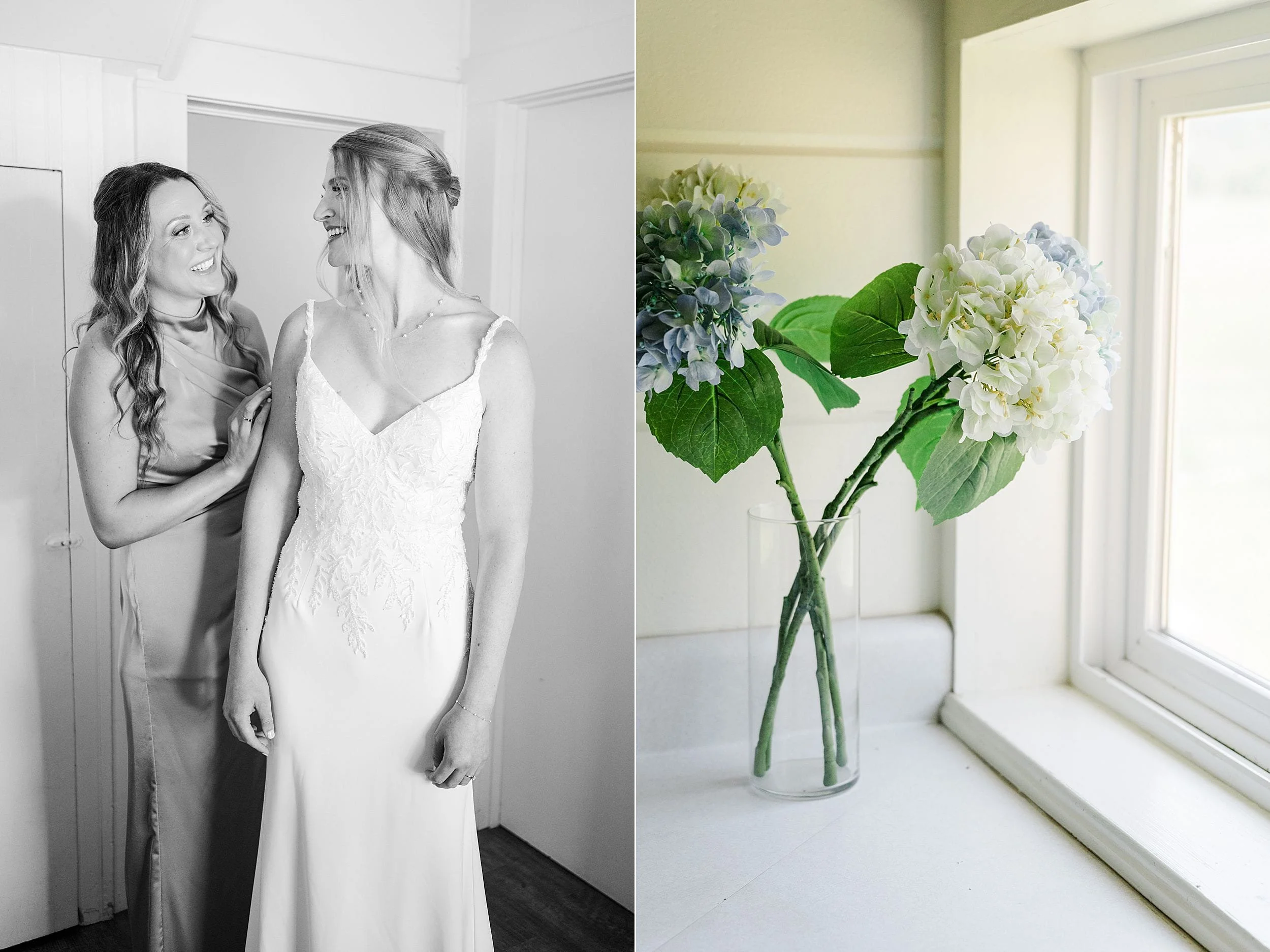 Bridesmaid helping the bride into her wedding dress beside soft blue hydrangeas.